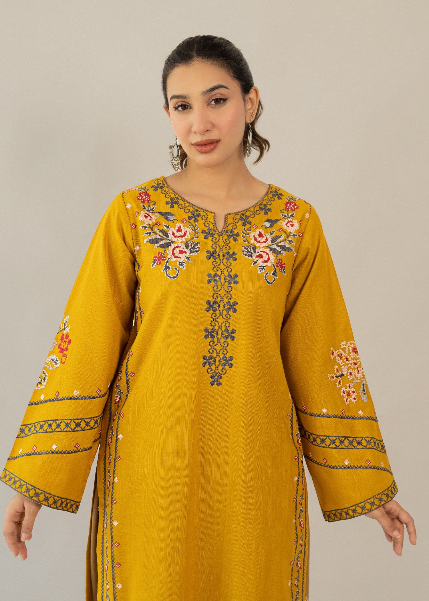 slub khaddar Kurta Set in Mustard, almond brown