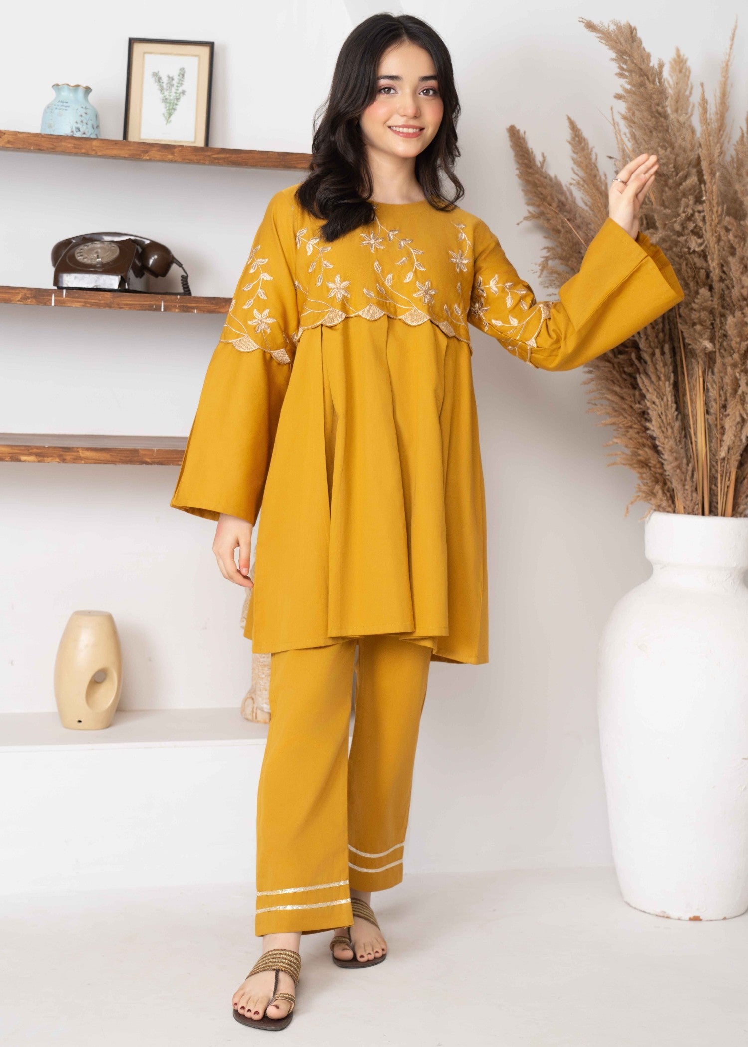 twill khaddar Short Frock in Autumn gold