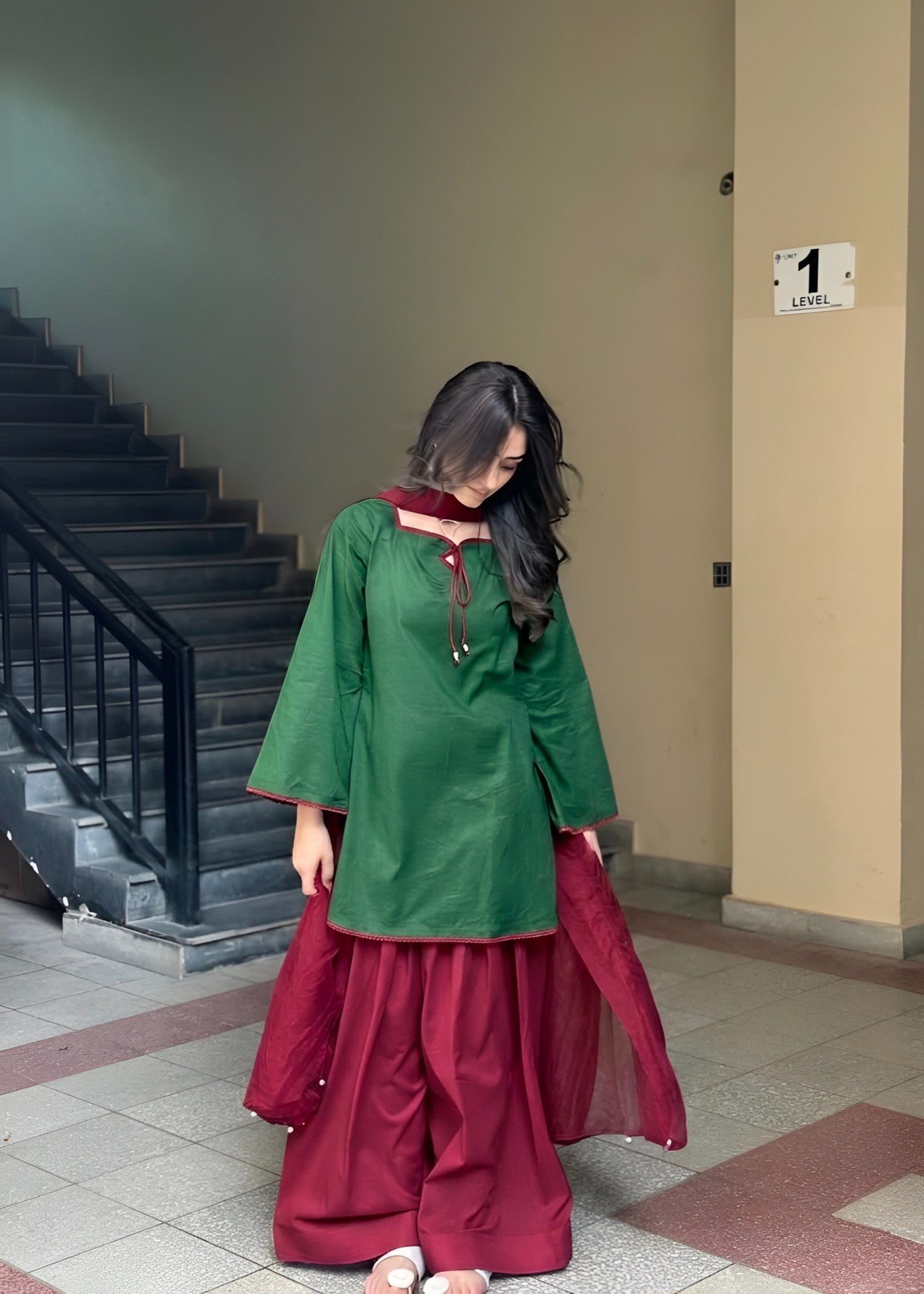 linen Kurta Set in Bottle green, maroon