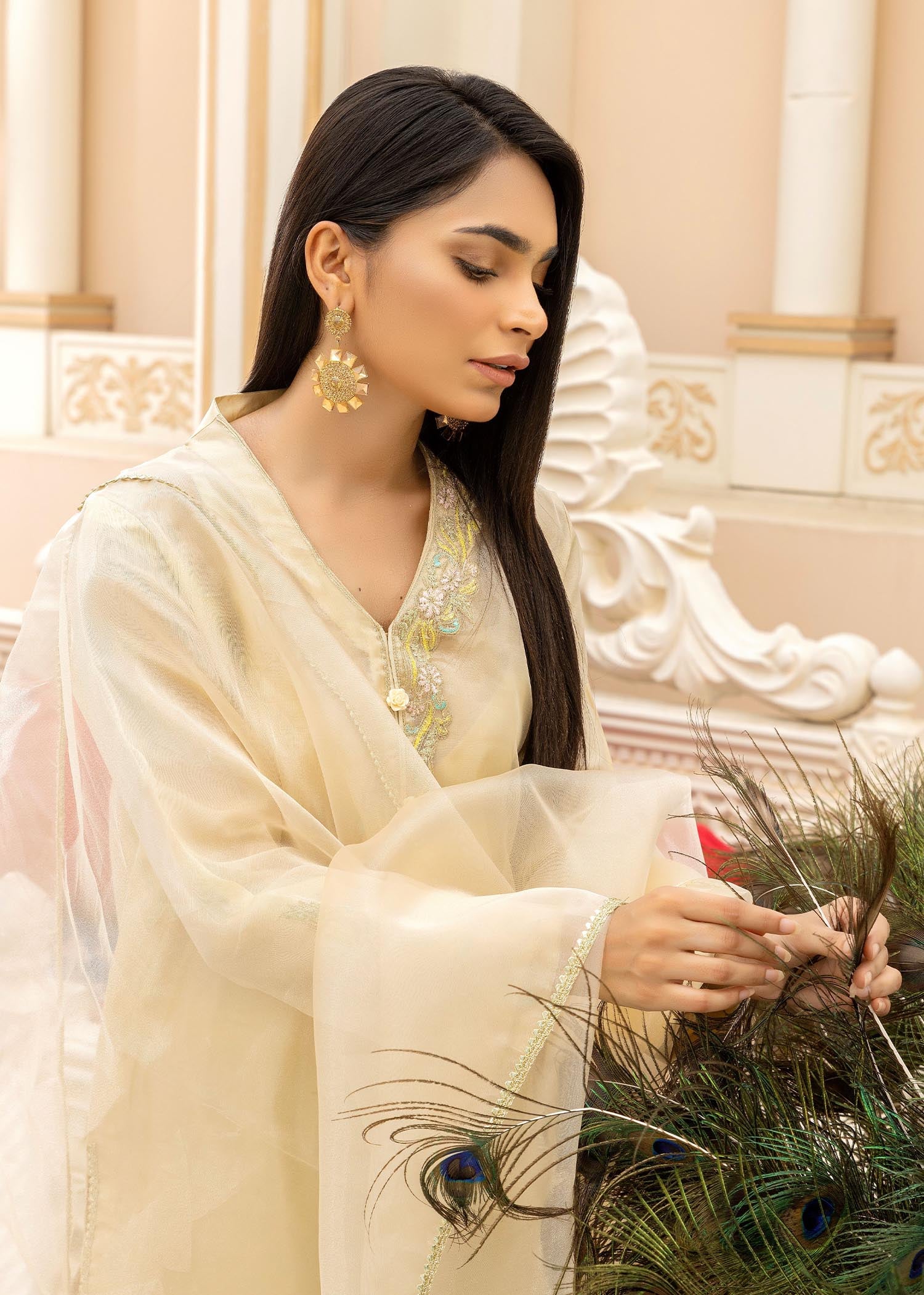 tissue Kurta Set in Yellow