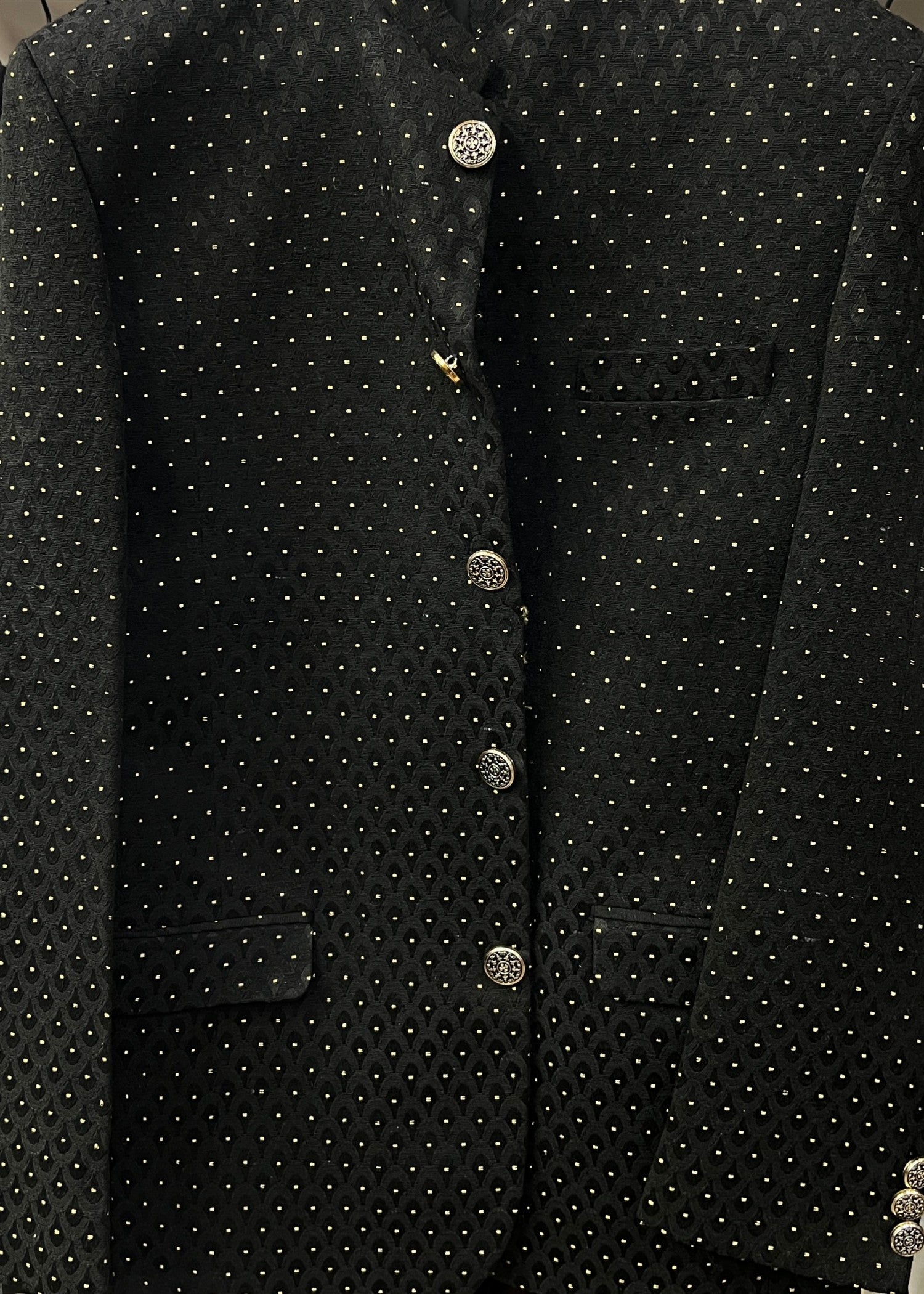 jamawar Prince Coat in Black by Dress Designers
