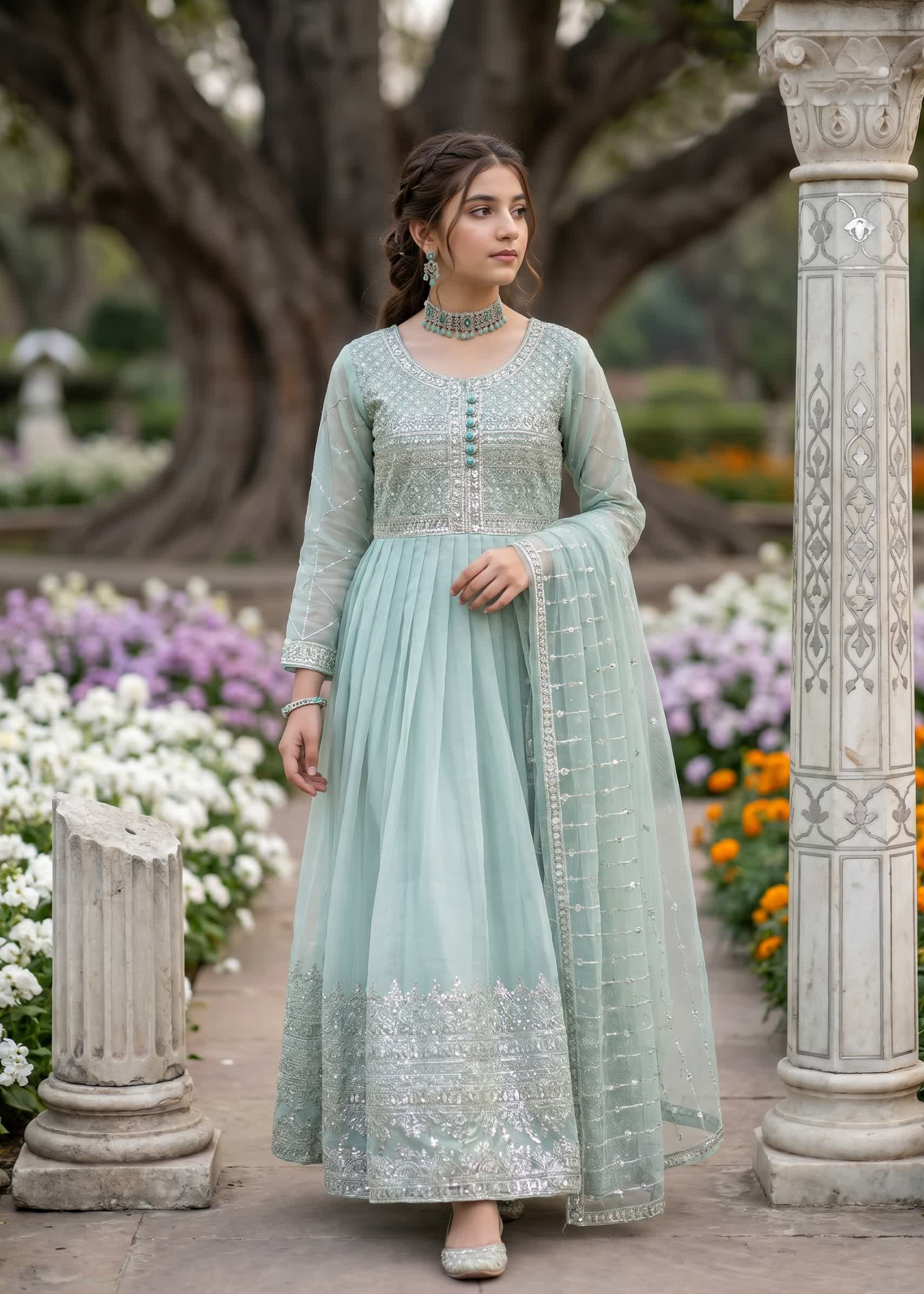 tissue silk Pishwas in Pastel green