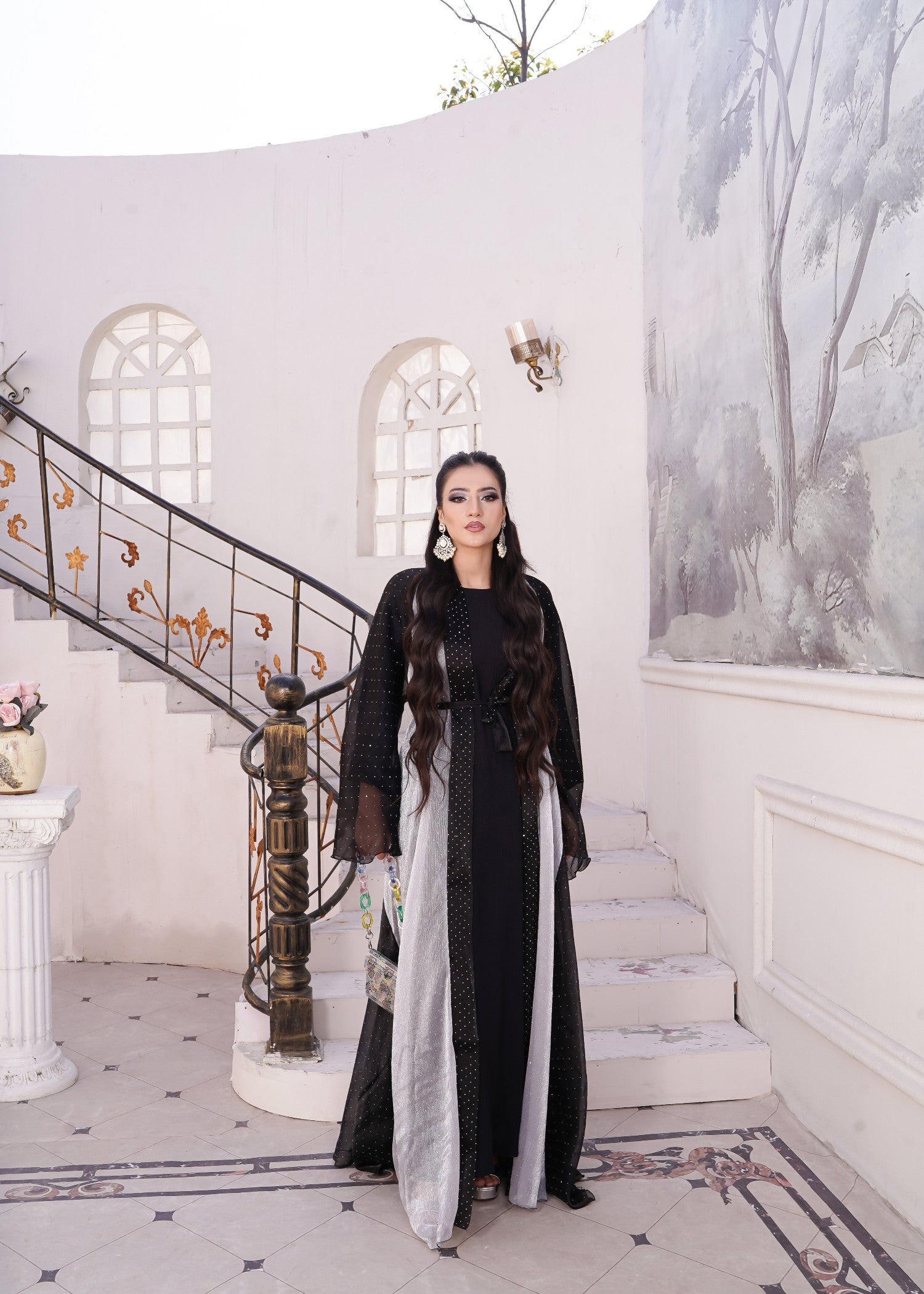 organza Abaya in Black, silver