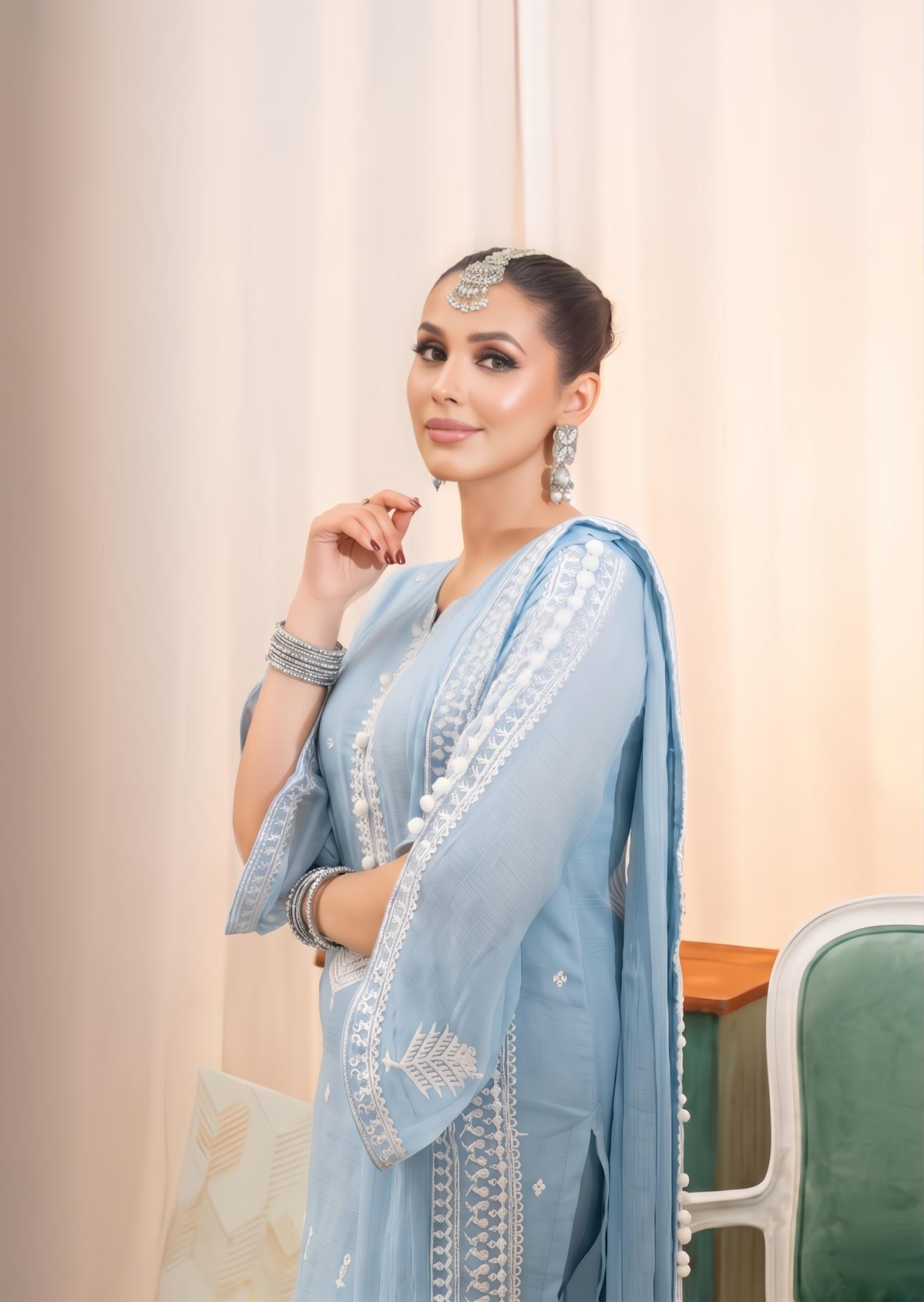 bemberg crinkle chiffon Kurta Set in Light blue