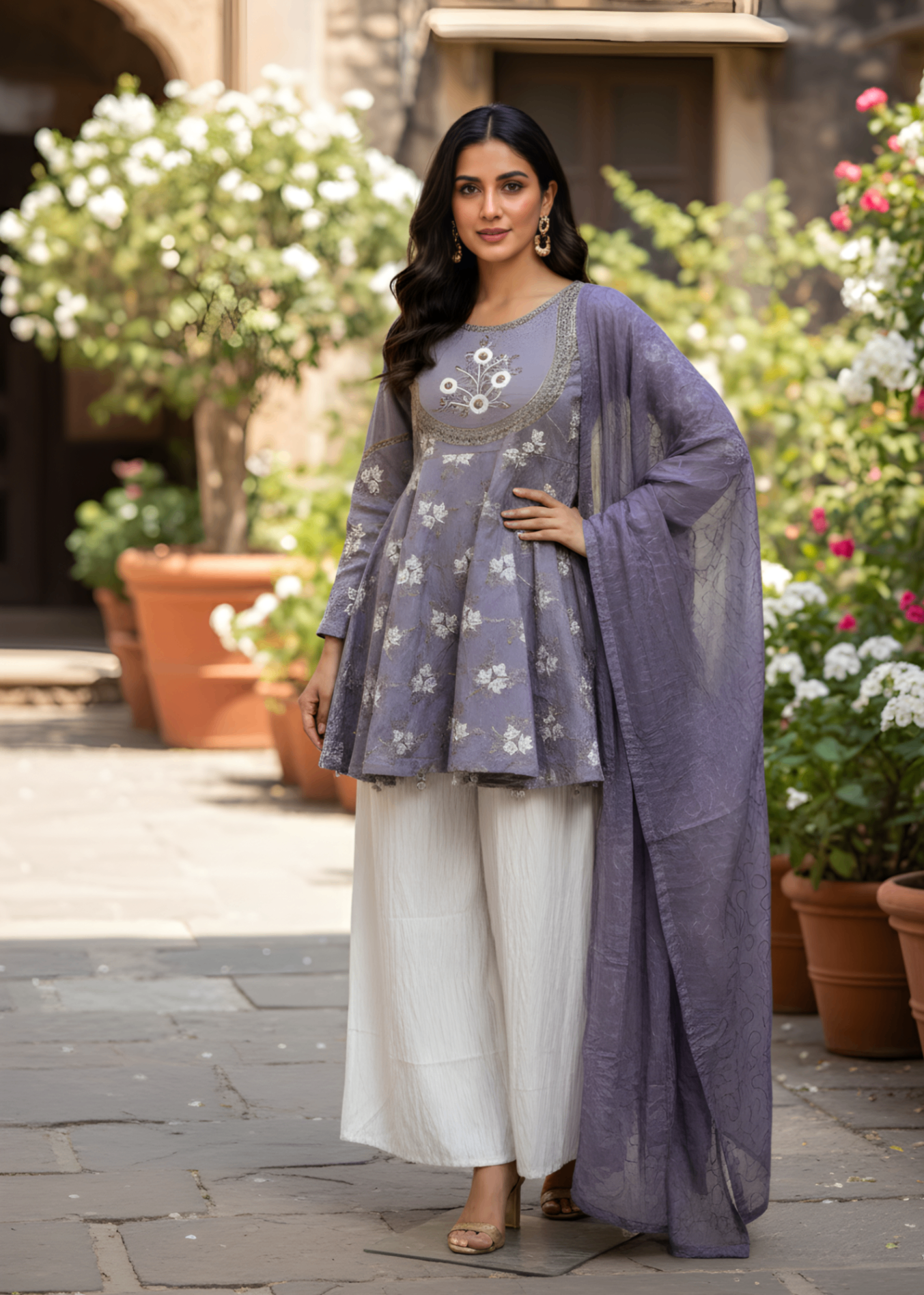 organza silk Short Frock in Purple ash