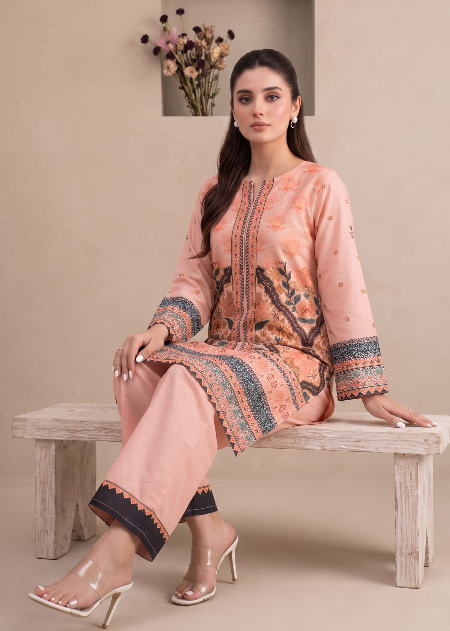 polyester crepe Kurta Set in Peach pink