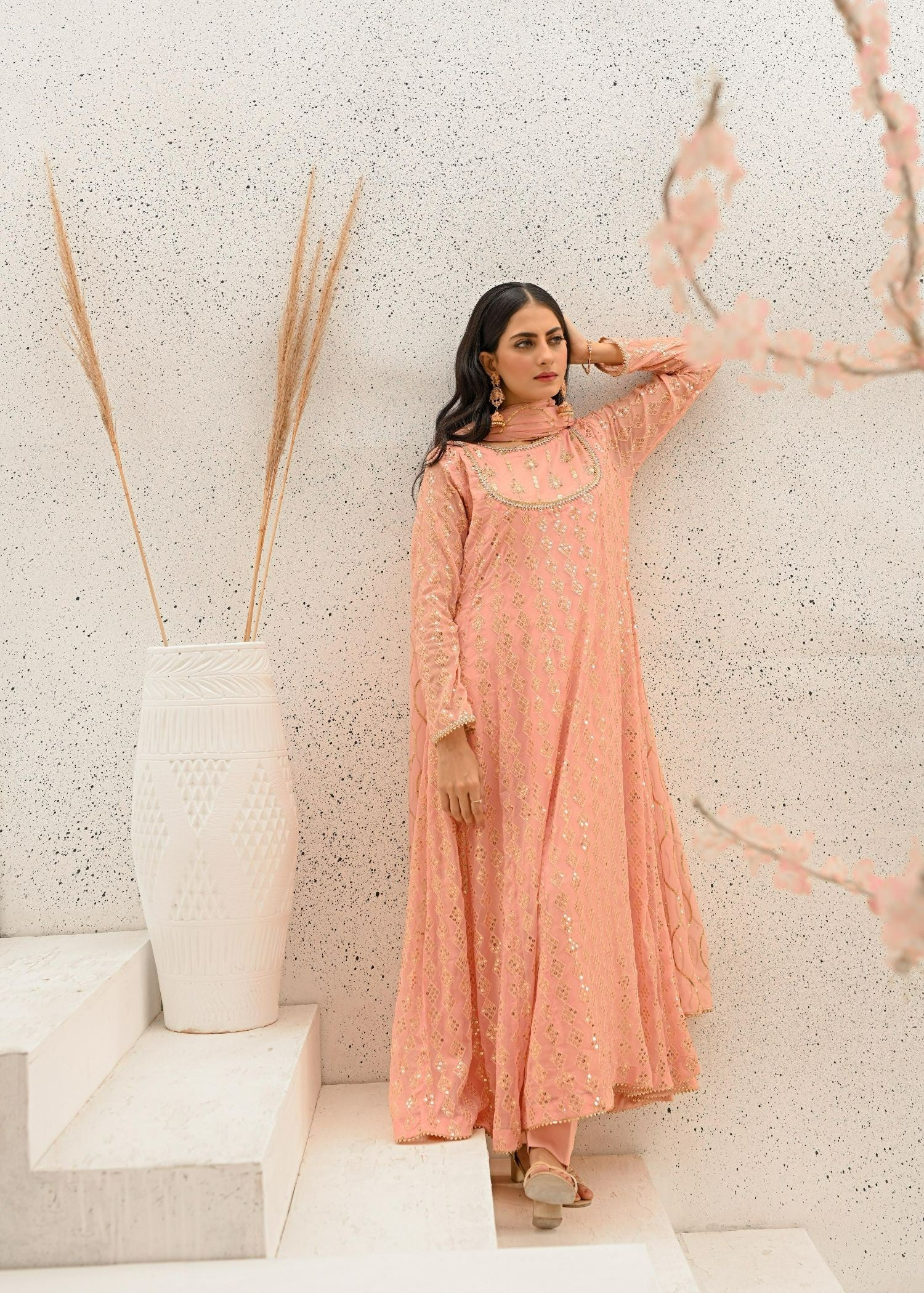 chiffon Anarkali in Peach pink