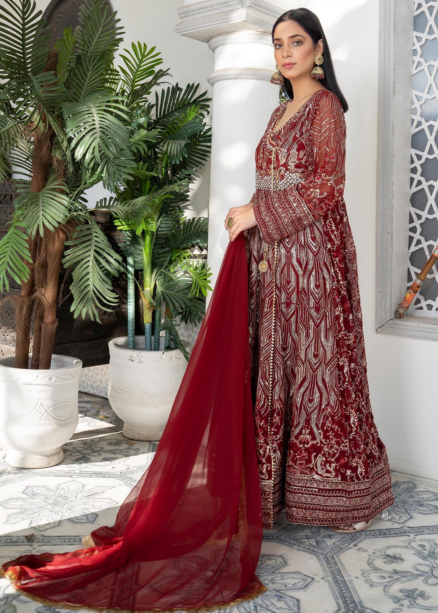 chiffon Angrakha in Maroon