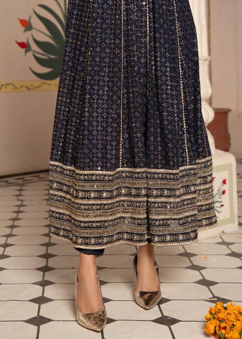 chikankari cotton Pishwas in Navy blue