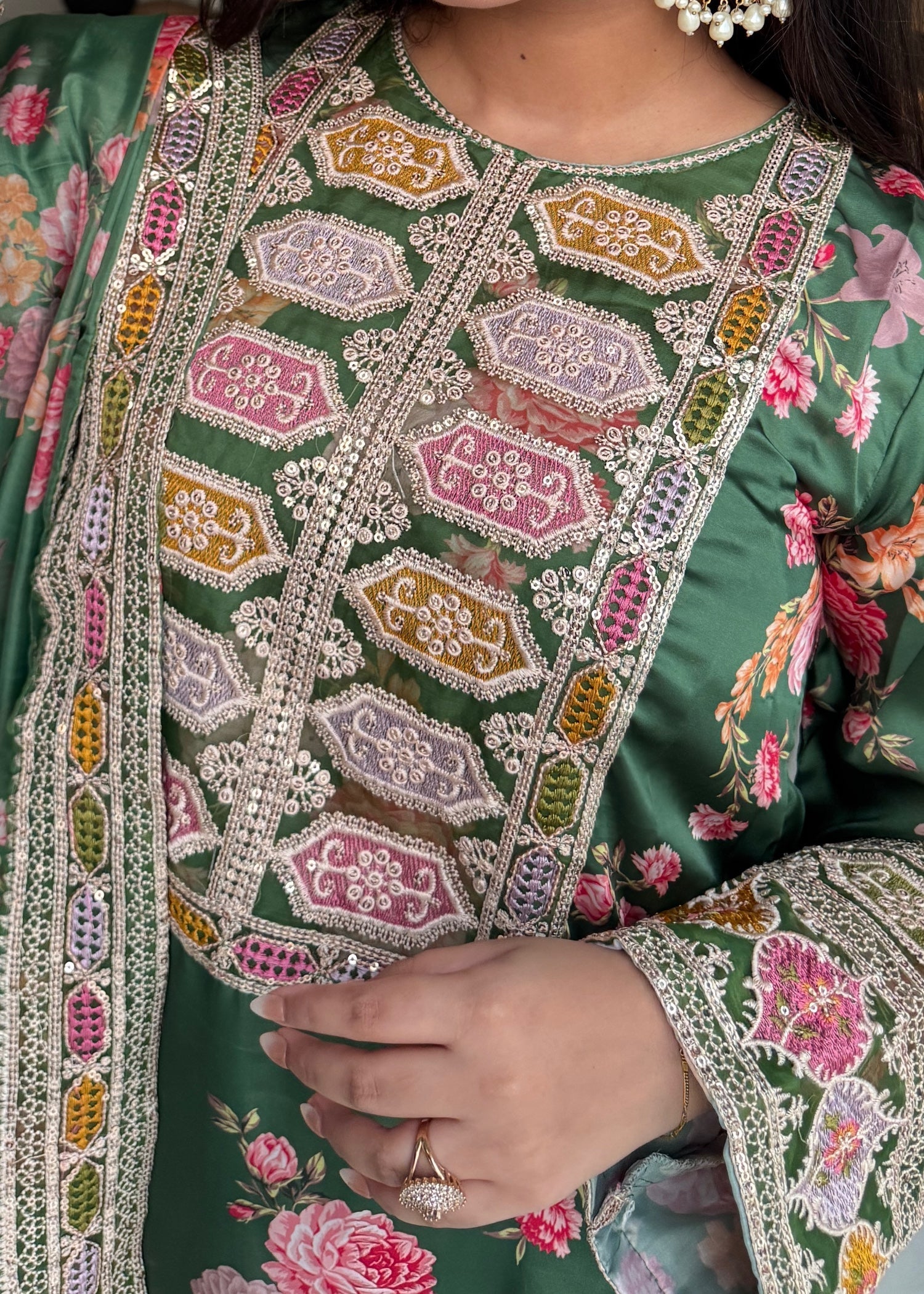silk Kurta Set in Fern green