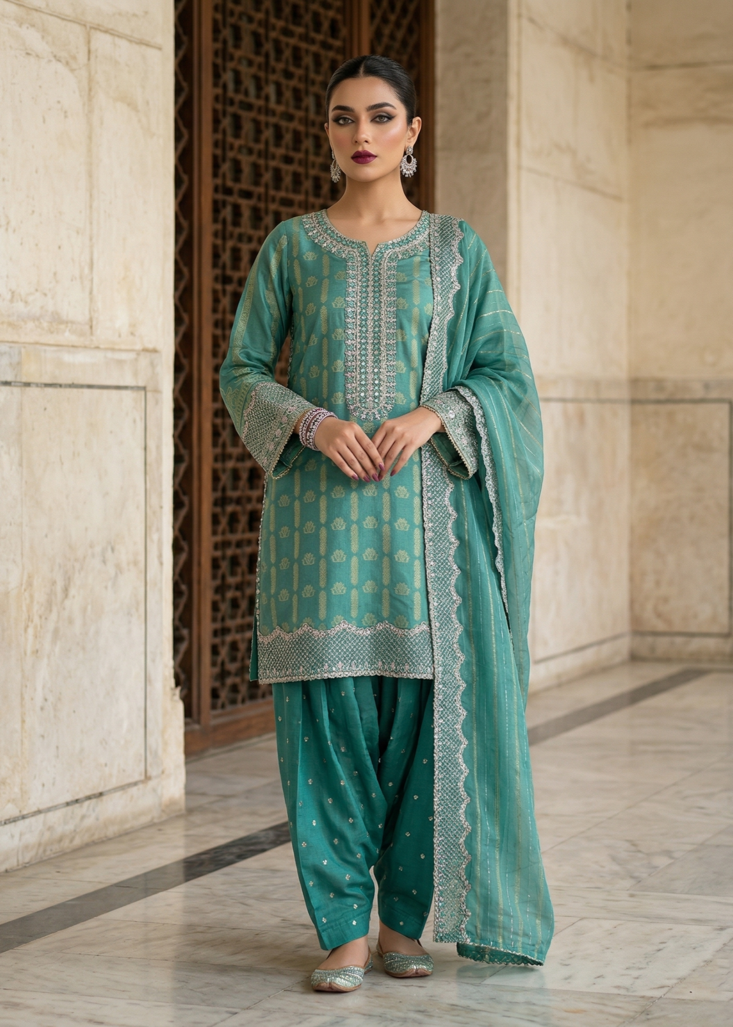 jacquard Kurta Set in Aquamarine