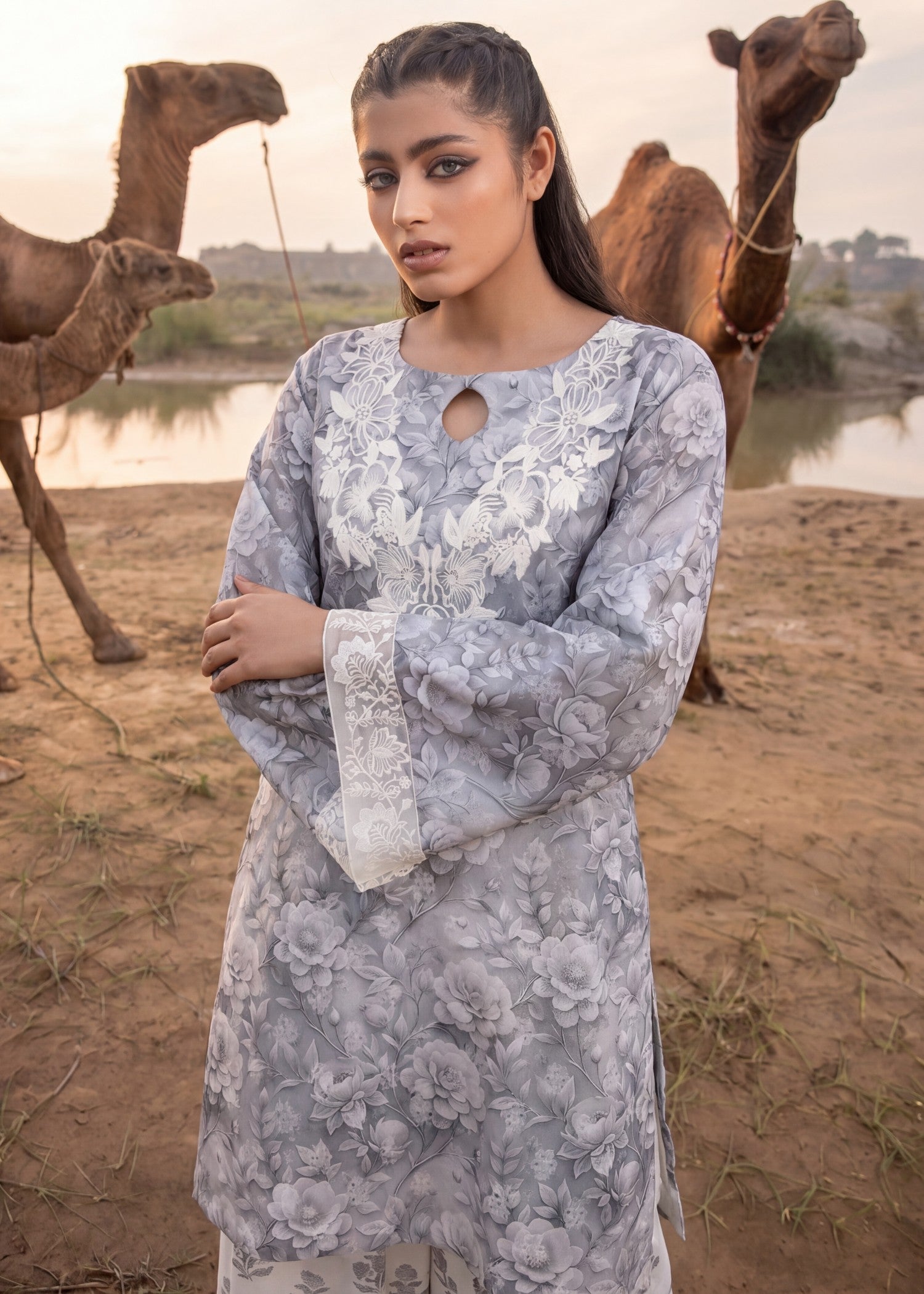 cotton jacquard Kurta Set in Dark grey