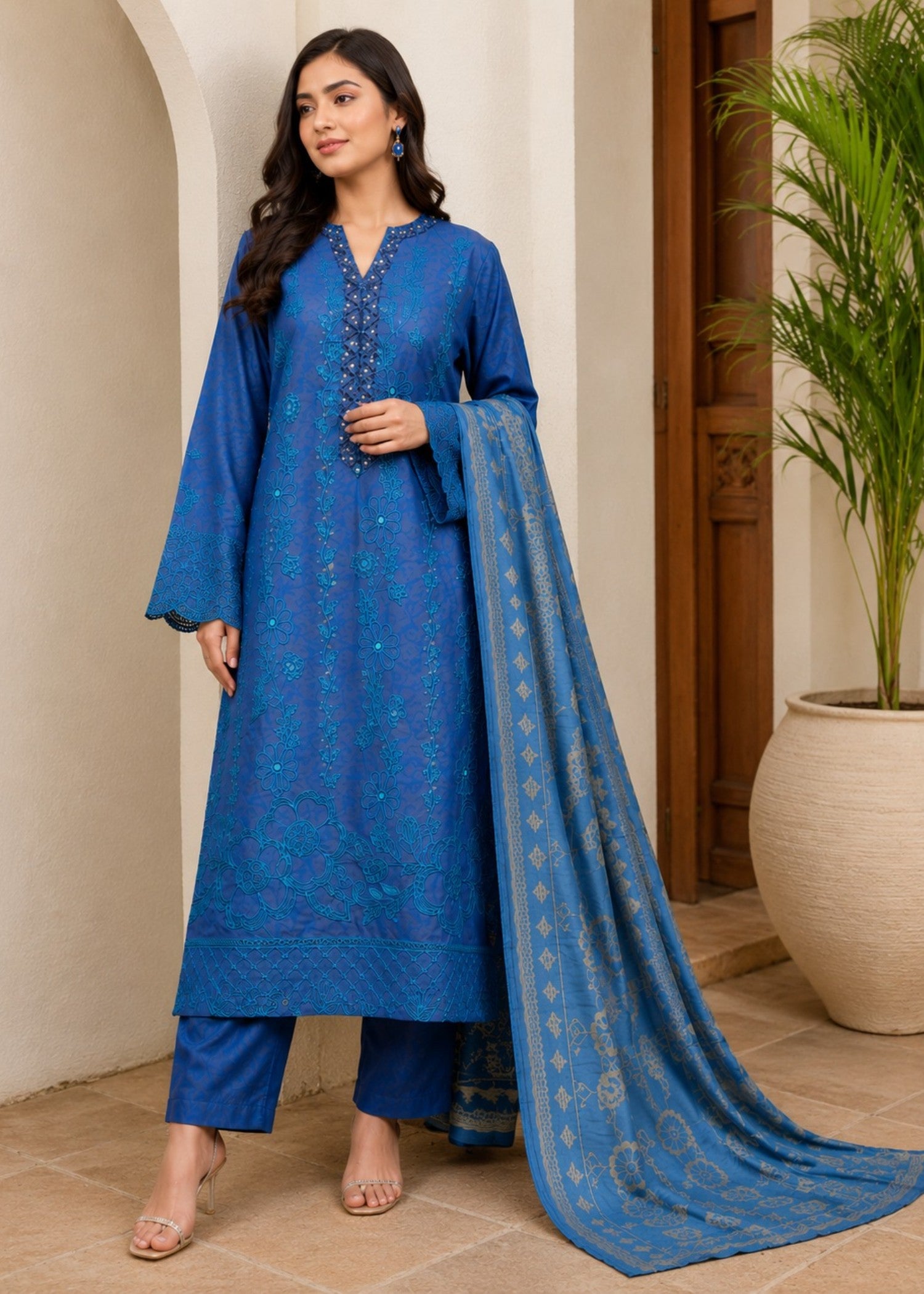 lawn cotton Kurta Set in Carolina blue