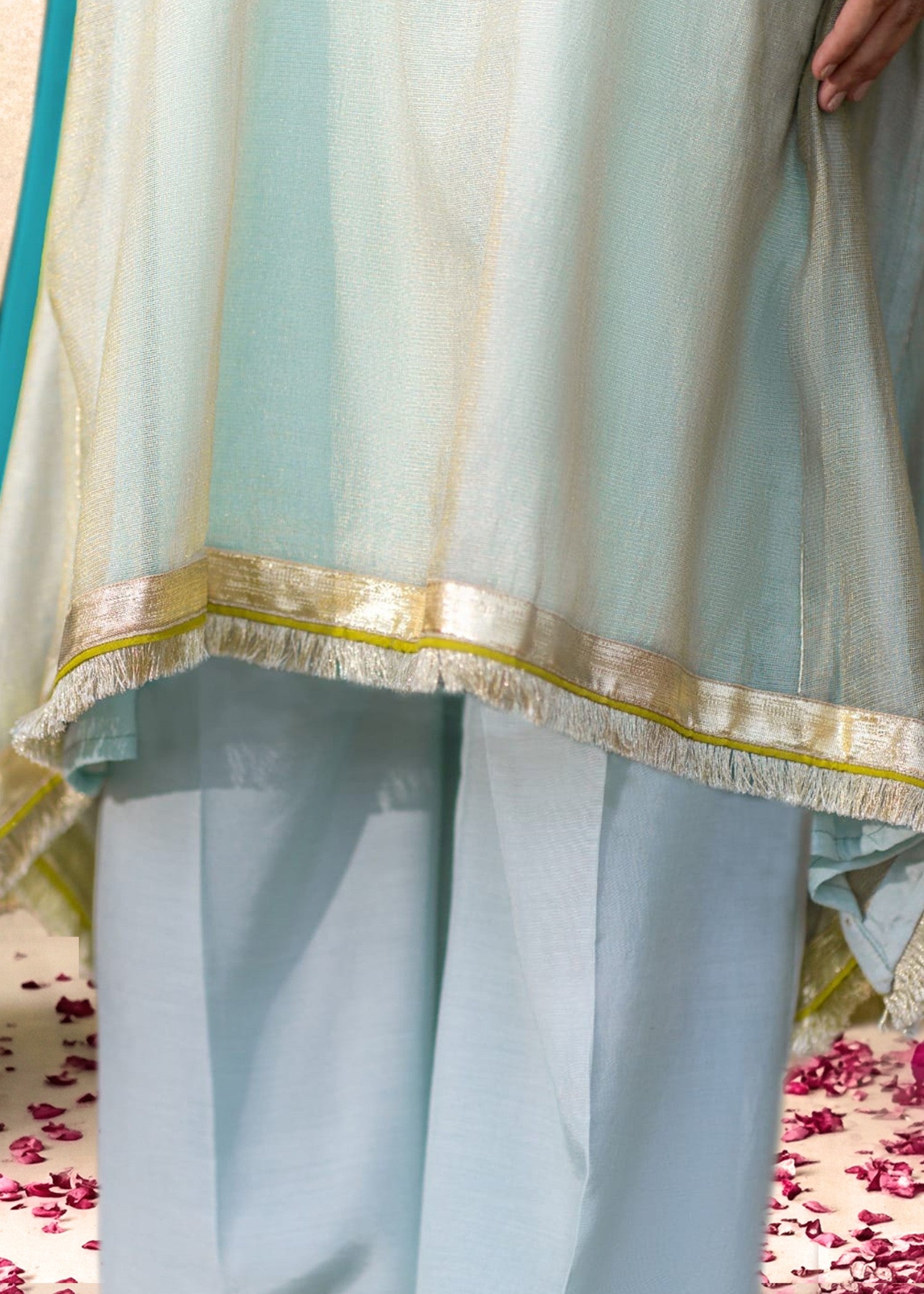 zari net Kurta Set in Aquamarine