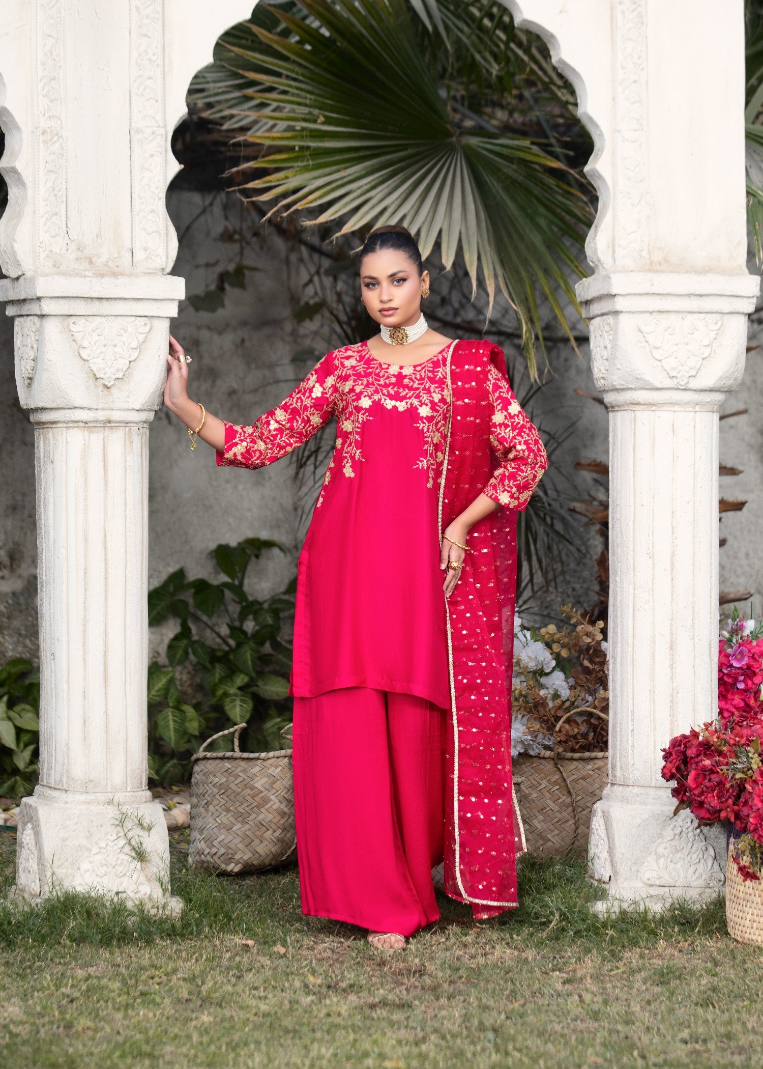 tussar silk Kurta Set in Raspberry pink