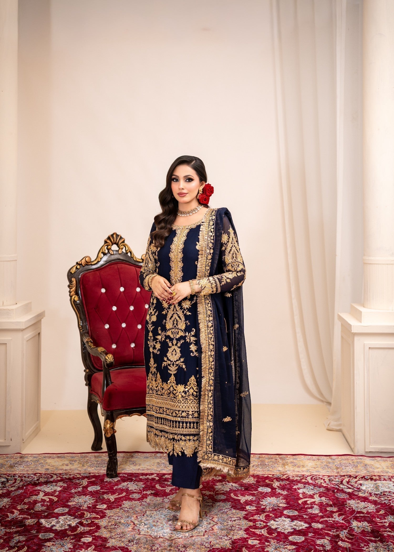 bemberg crinkle chiffon Kurta Set in Moonlight blue