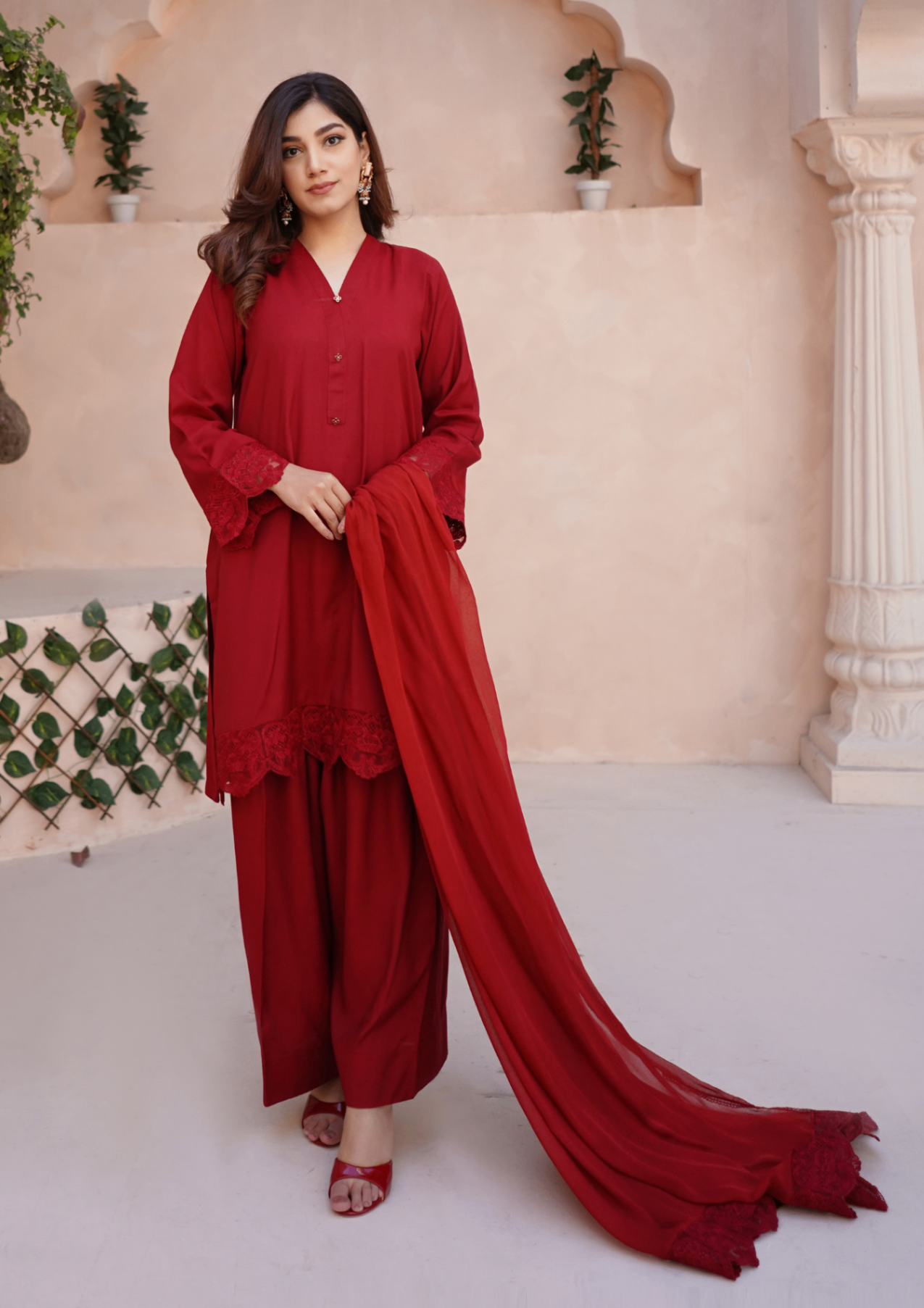 viscose raw silk Kurta Set in Red