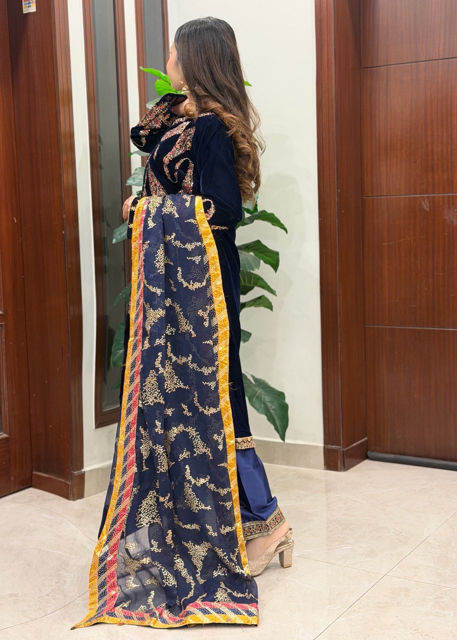 velvet Kurta Set in Dark blue