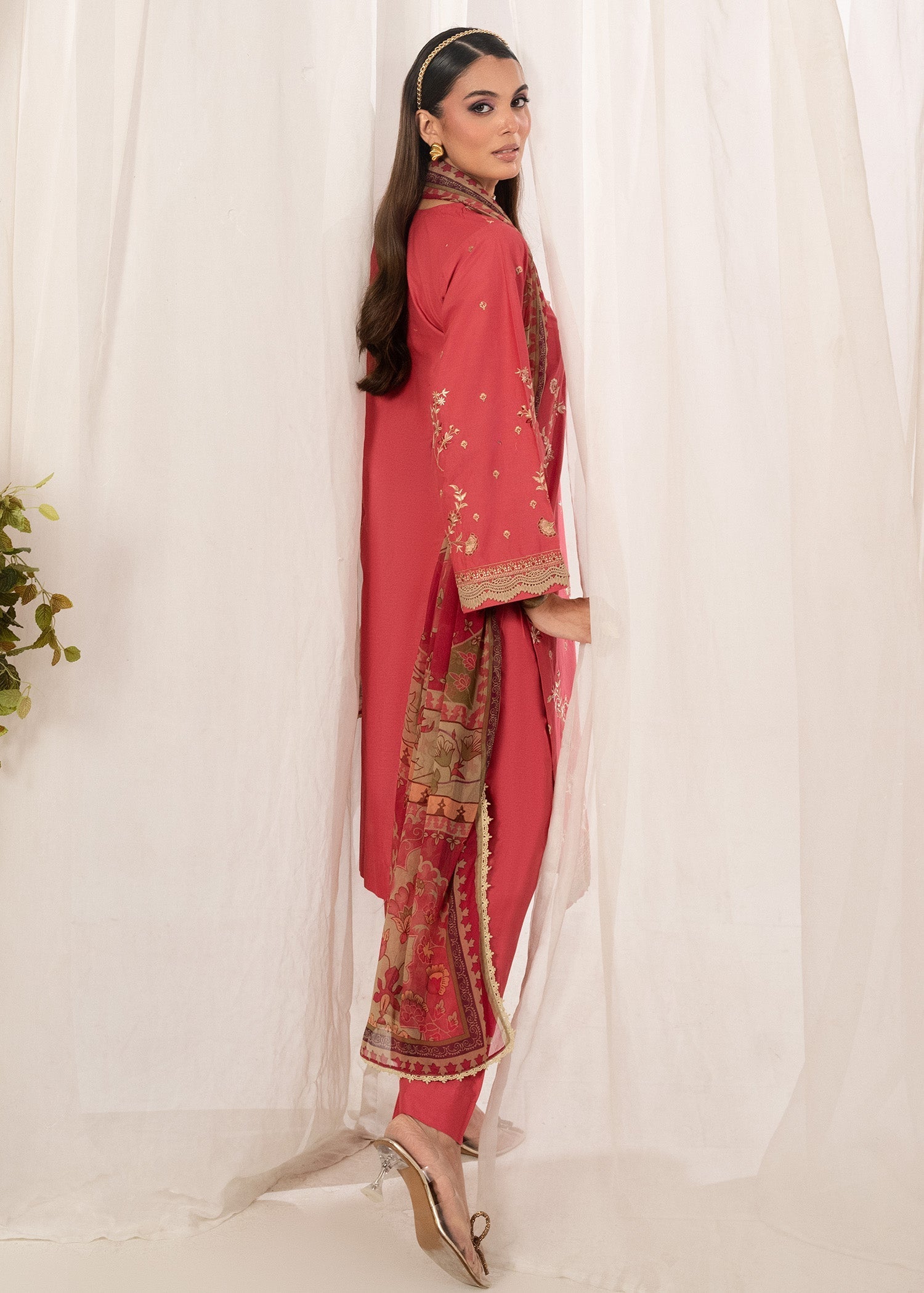 cambric cotton Kurta Set in Coral pink