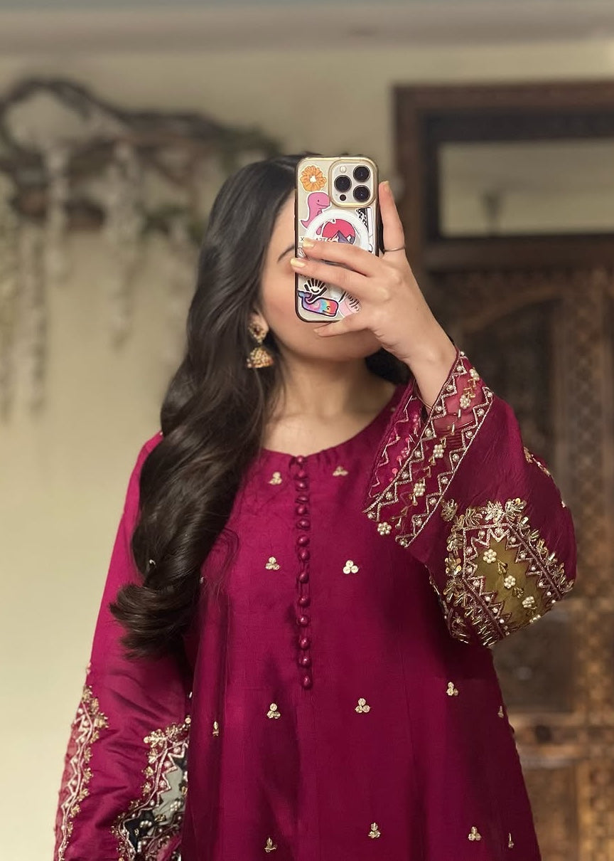 raw silk Pishwas in Plum purple