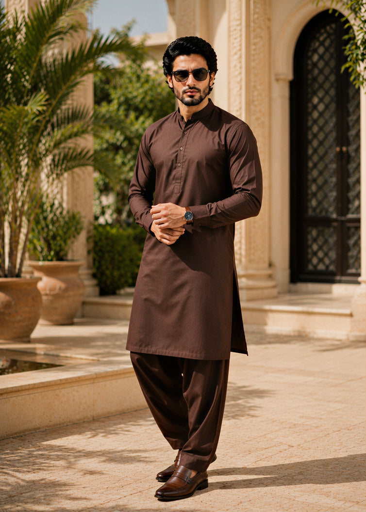 wash & wear Shalwar Kameez in Chocolate brown by Waqar Mustafa