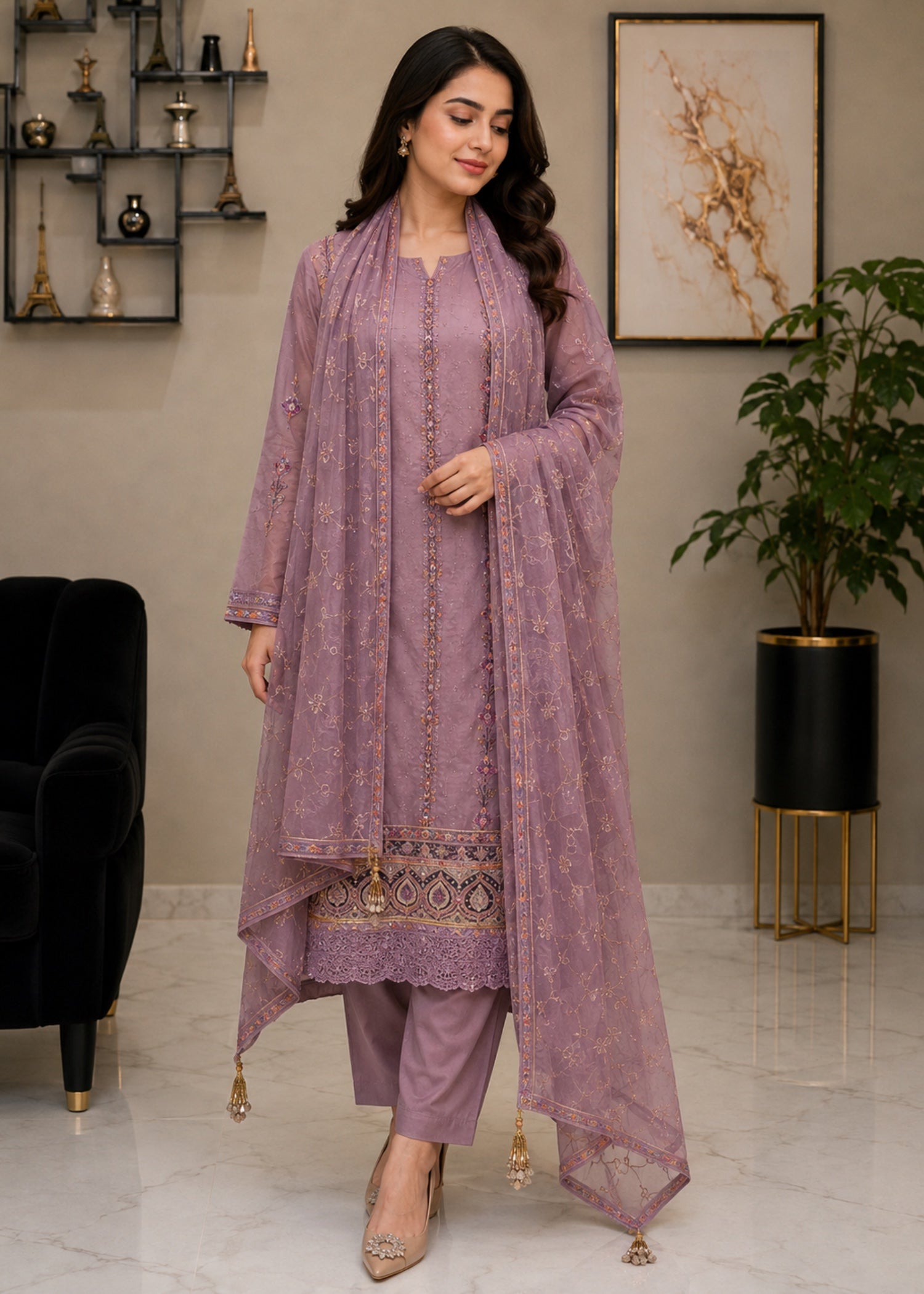 zari embroidered organza Kurta Set in Heathered lilac