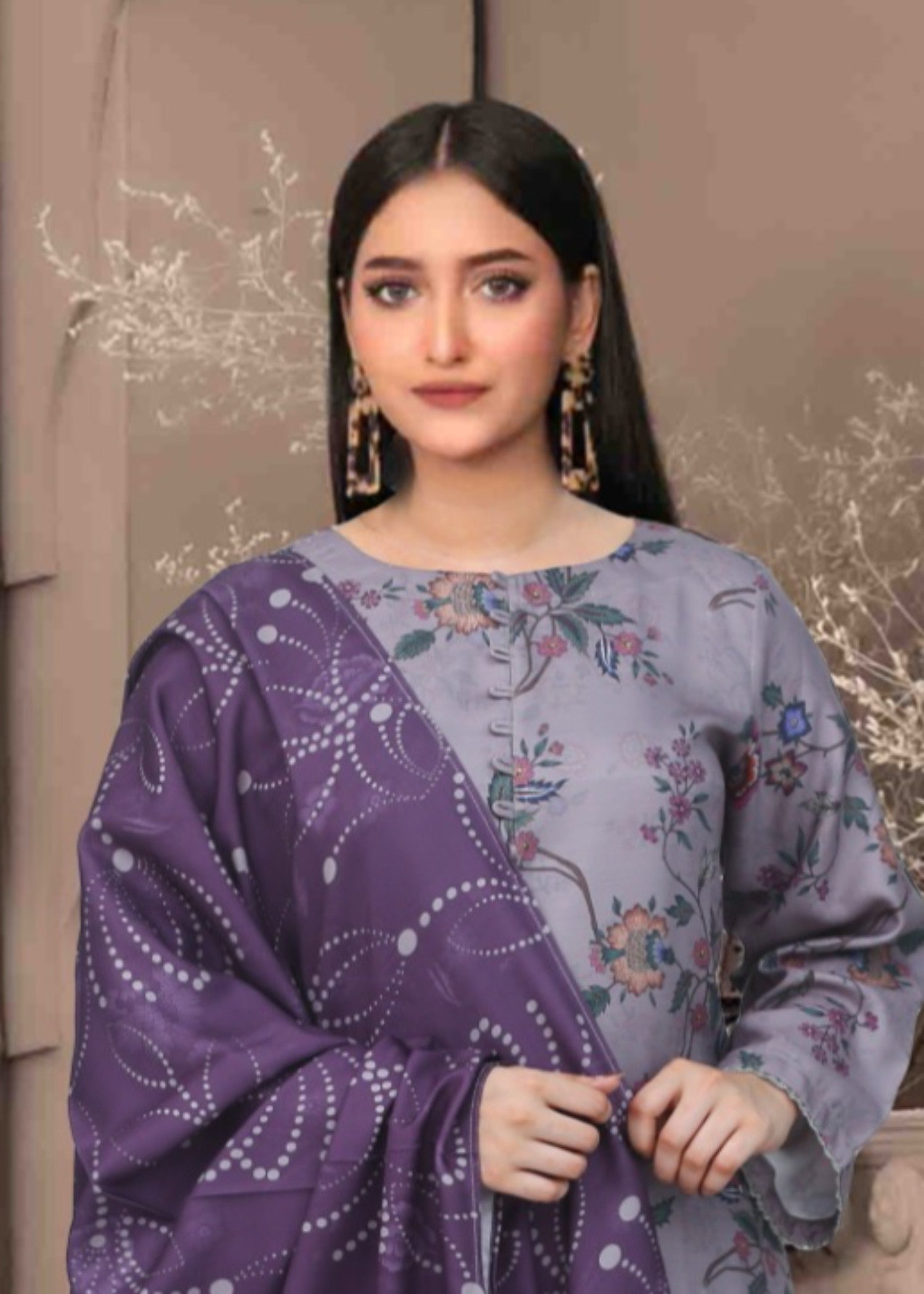 khaddar Kurta Set in Lavender grey