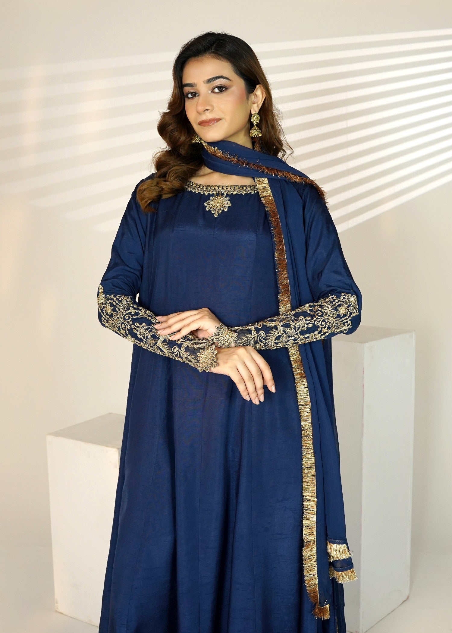 korean raw silk Maxi in Navy blue
