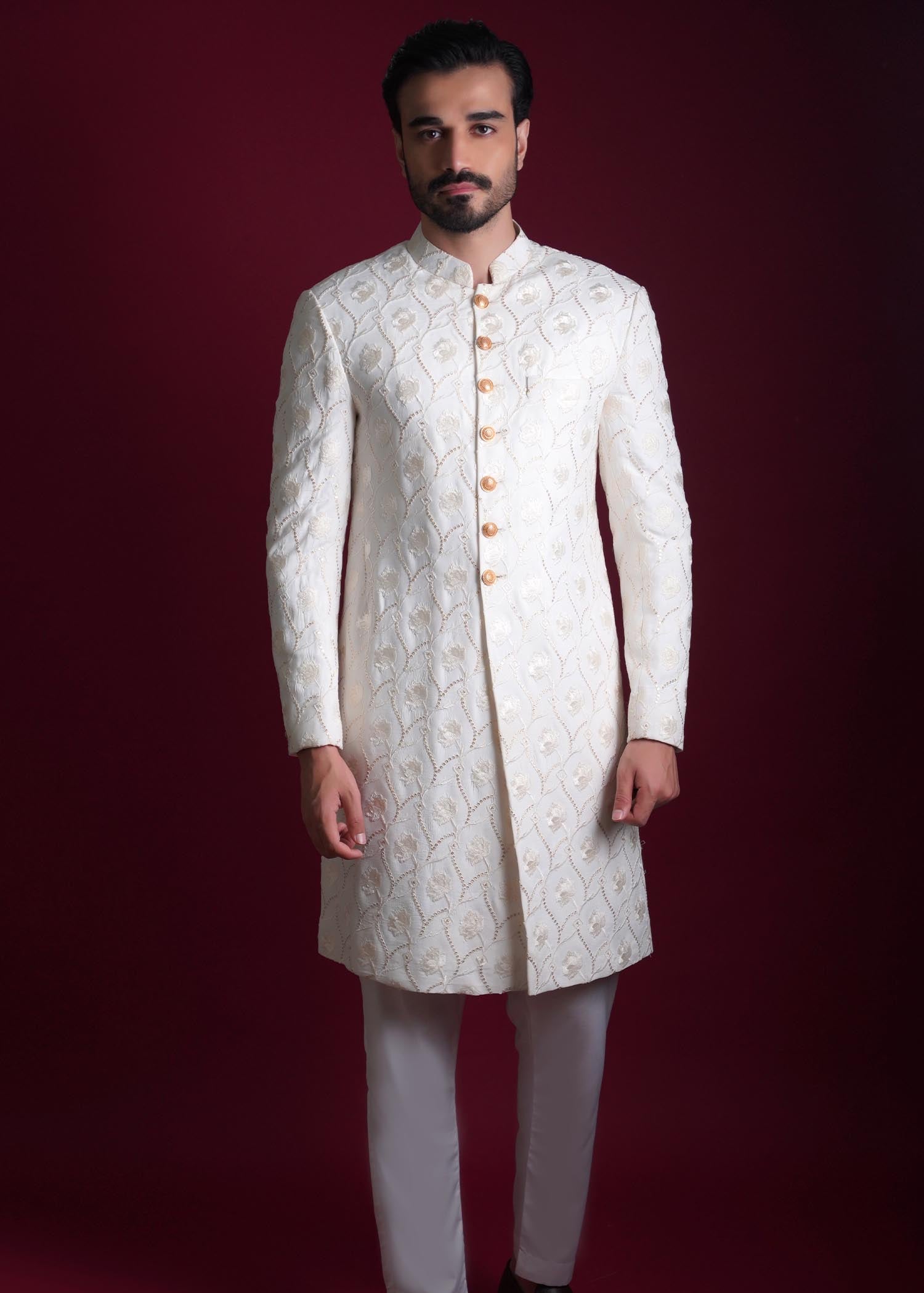 viscose raw silk Sherwani in Off-white