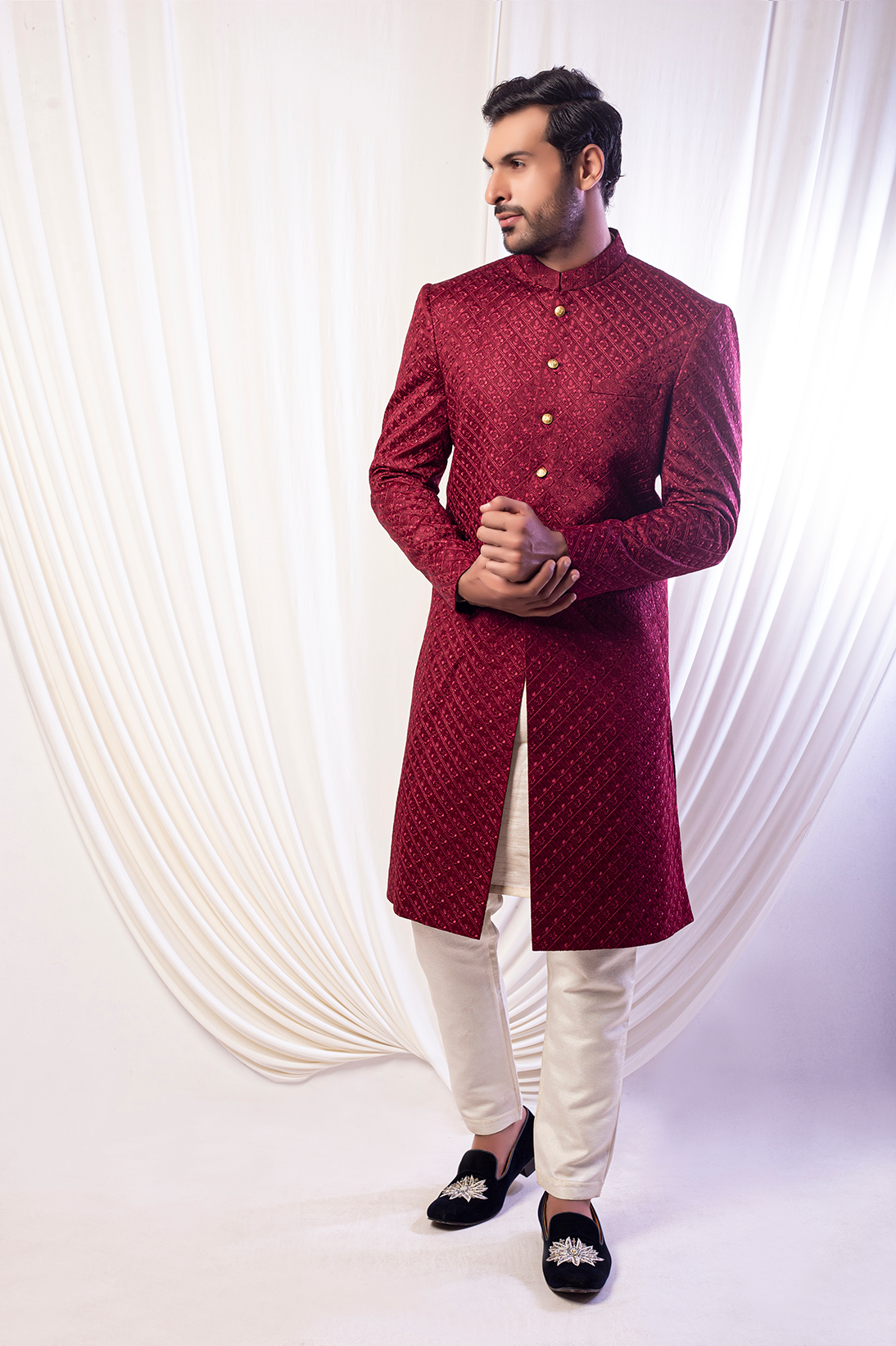 raw silk Sherwani in Maroon
