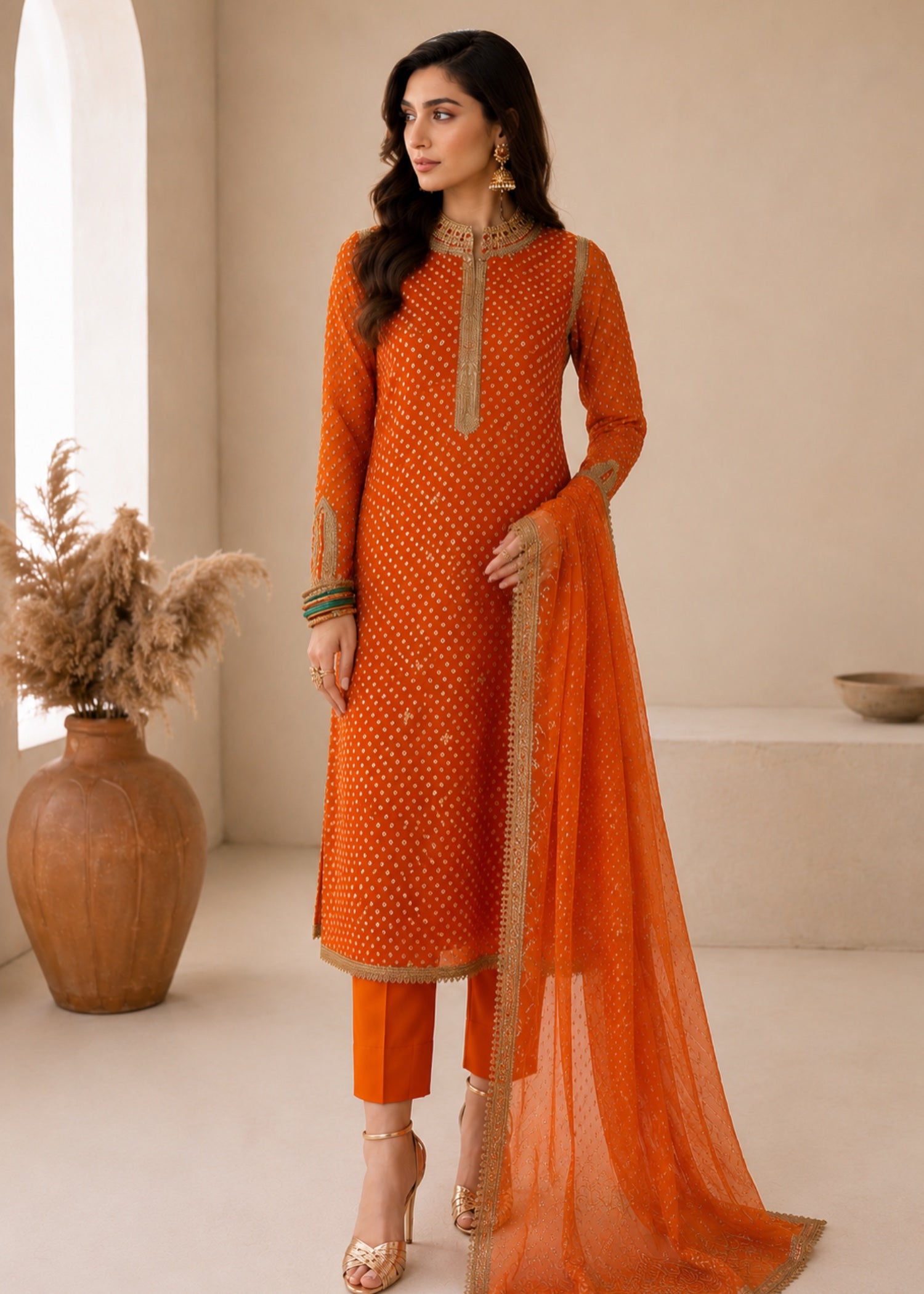 swiss lawn Kurta Set in Rust orange, orange