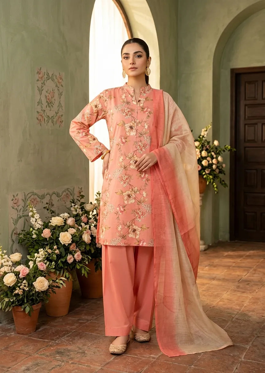 slub lawn Kurta Set in Peach pink