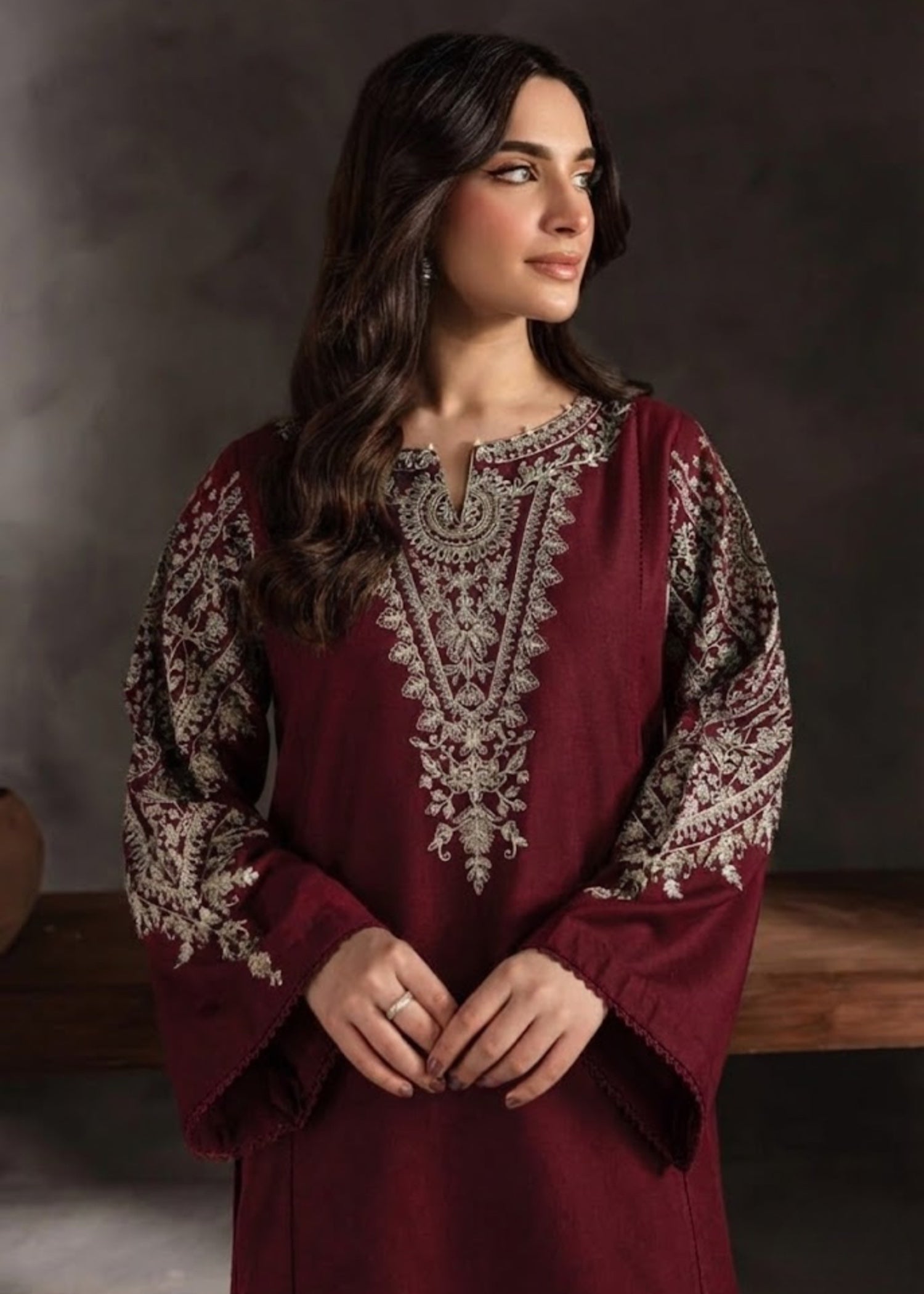cambric Kurta Set in Maroon