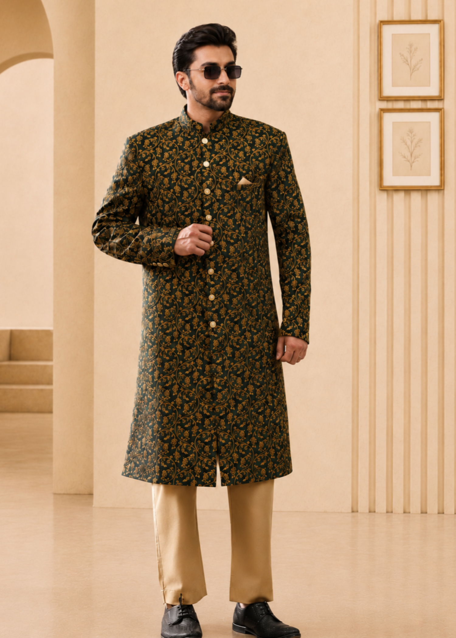 jamawar Sherwani in Dark green