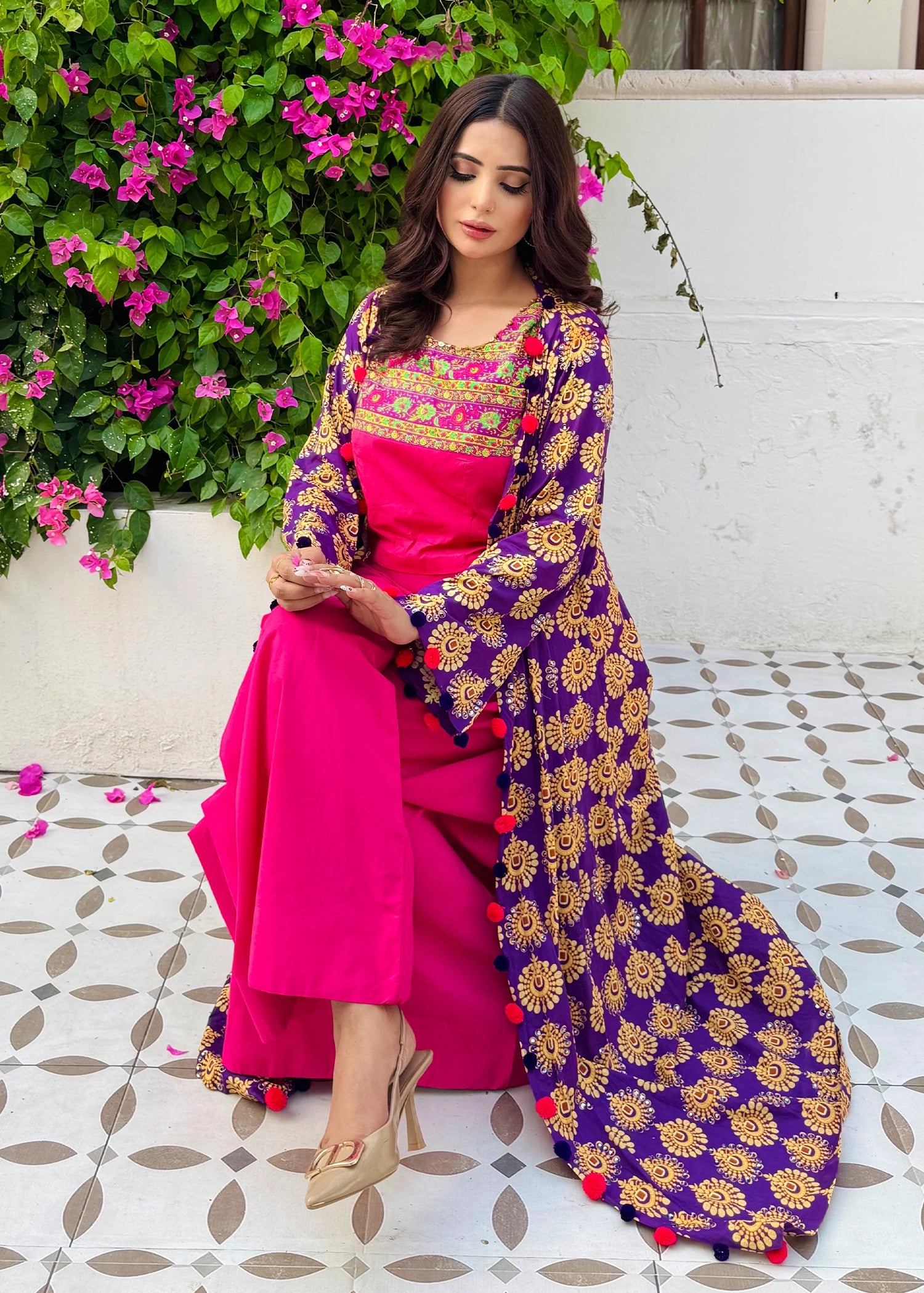 lawn Gown in Shocking pink, royal lilac
