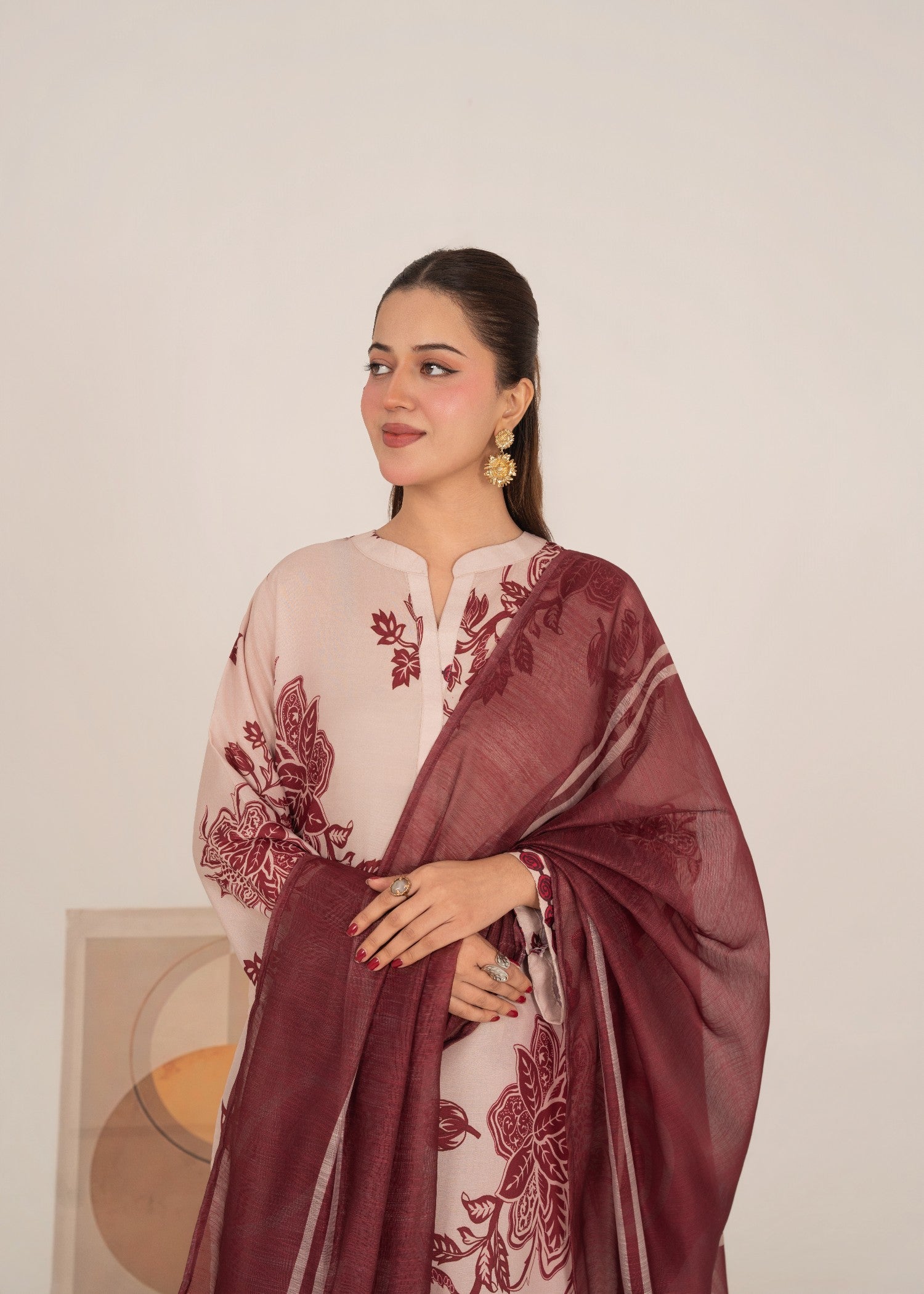 poly lawn Kurta Set in Maroon, cream