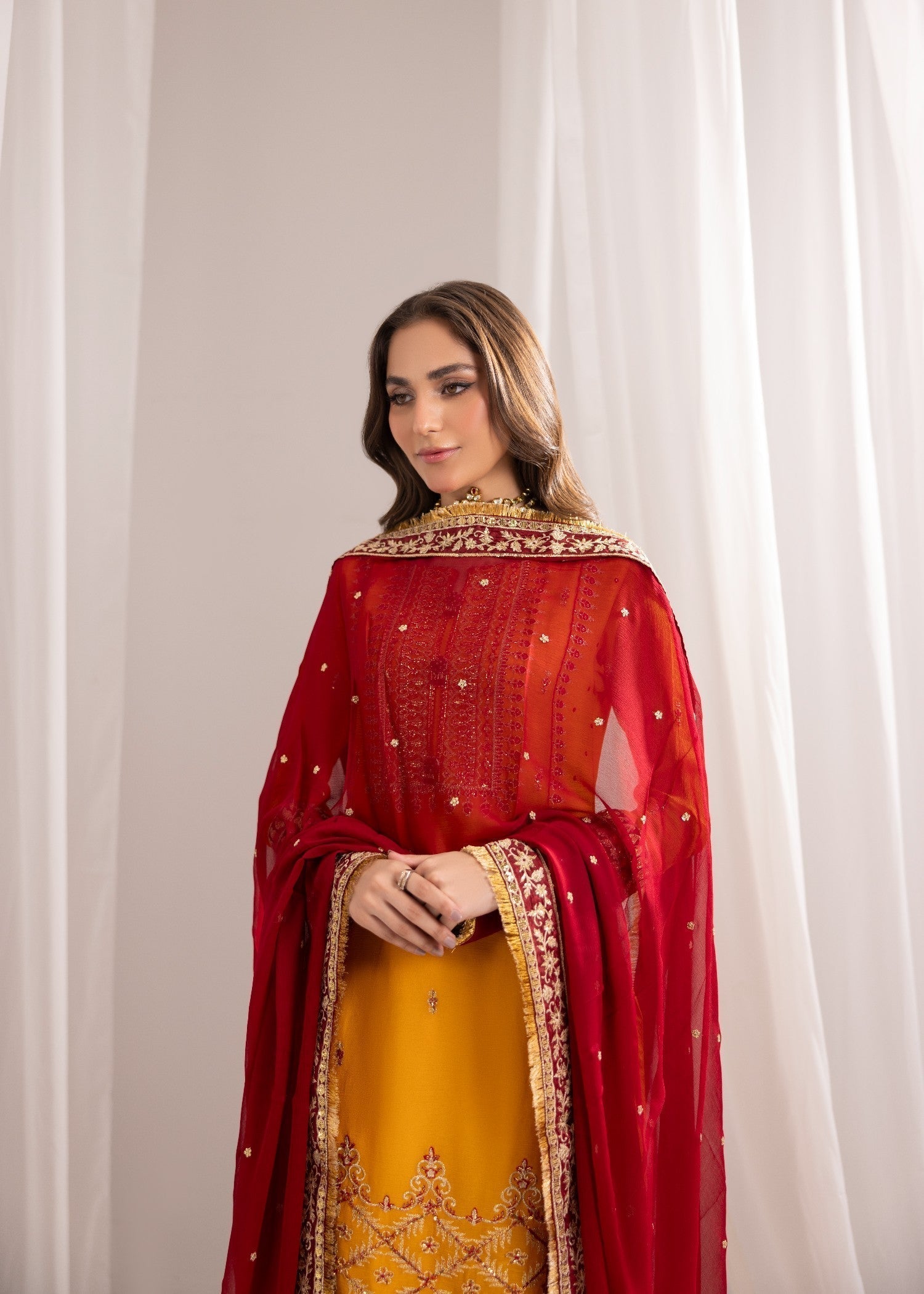 bemberg crinkle chiffon Kurta Set in Mustard, maroon