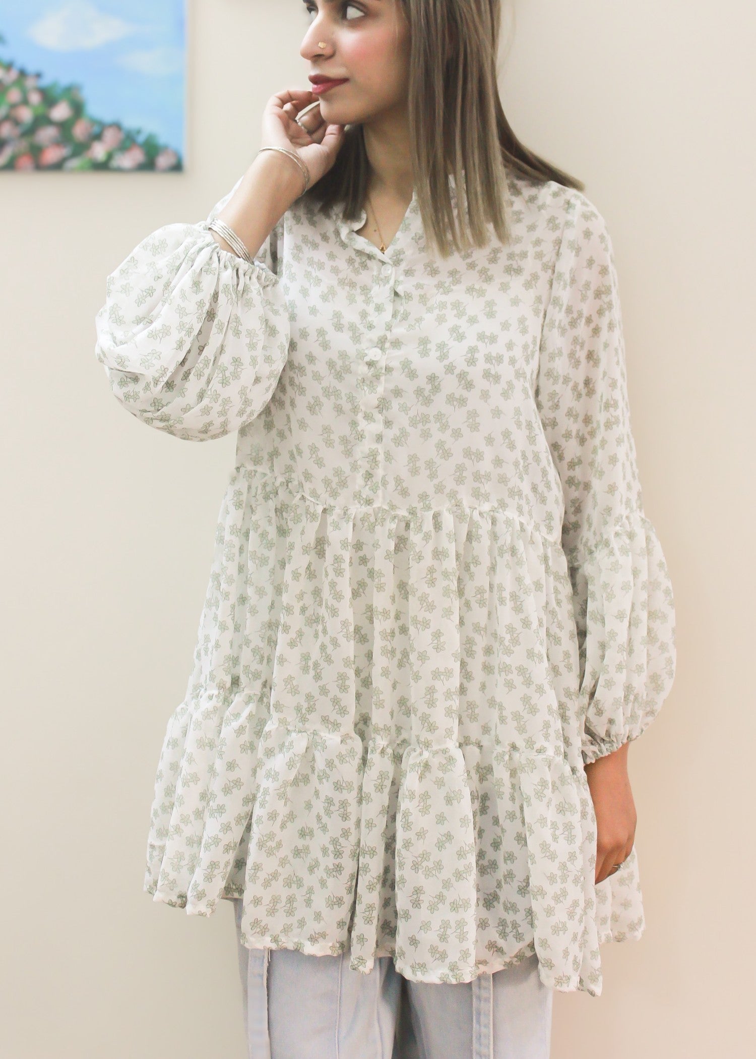 crinkle Dress in Mint green, off-white