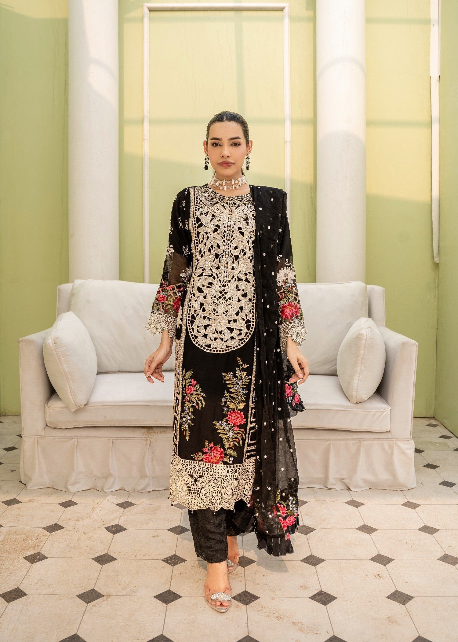 crinkle chiffon Kurta Set in Black