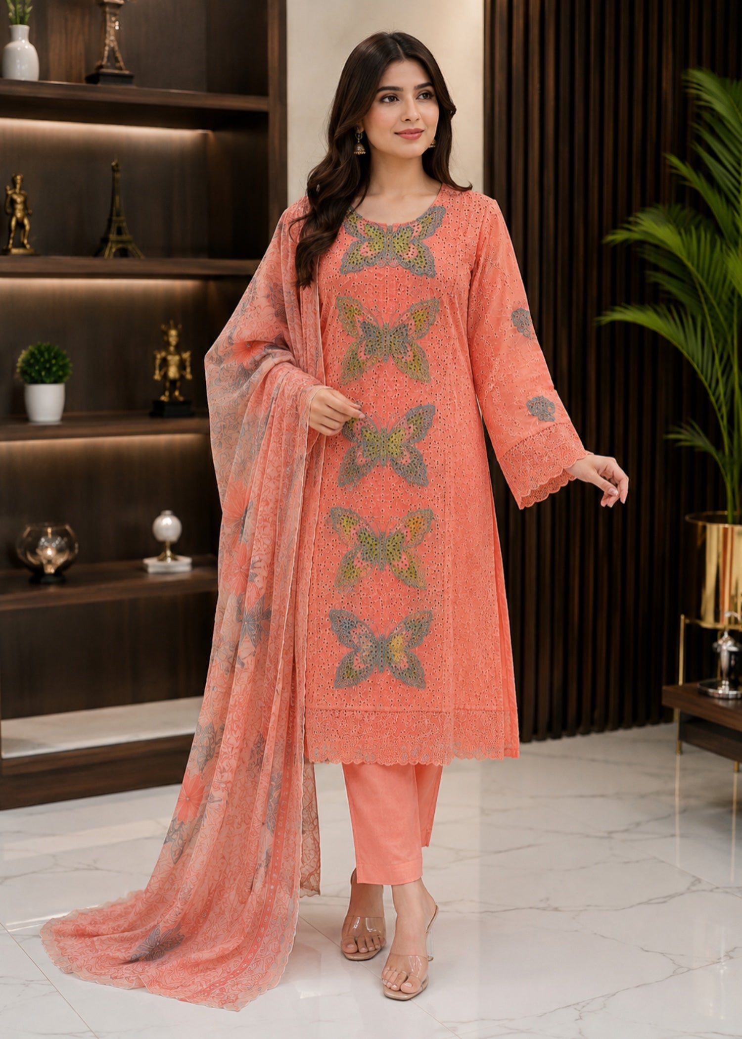textured lawn Kurta Set in Coral orange