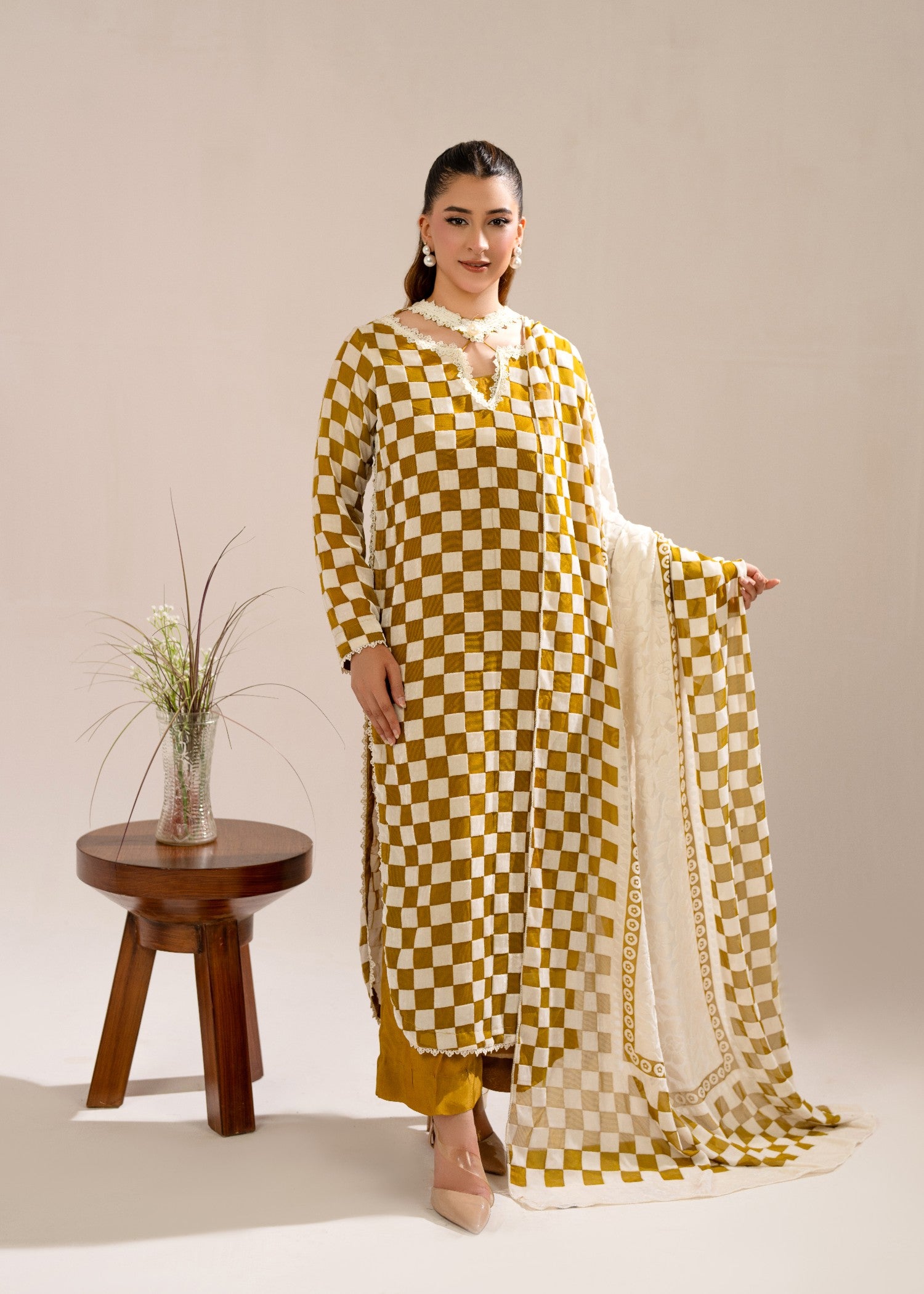 velvet Kurta Set in Mellow yellow