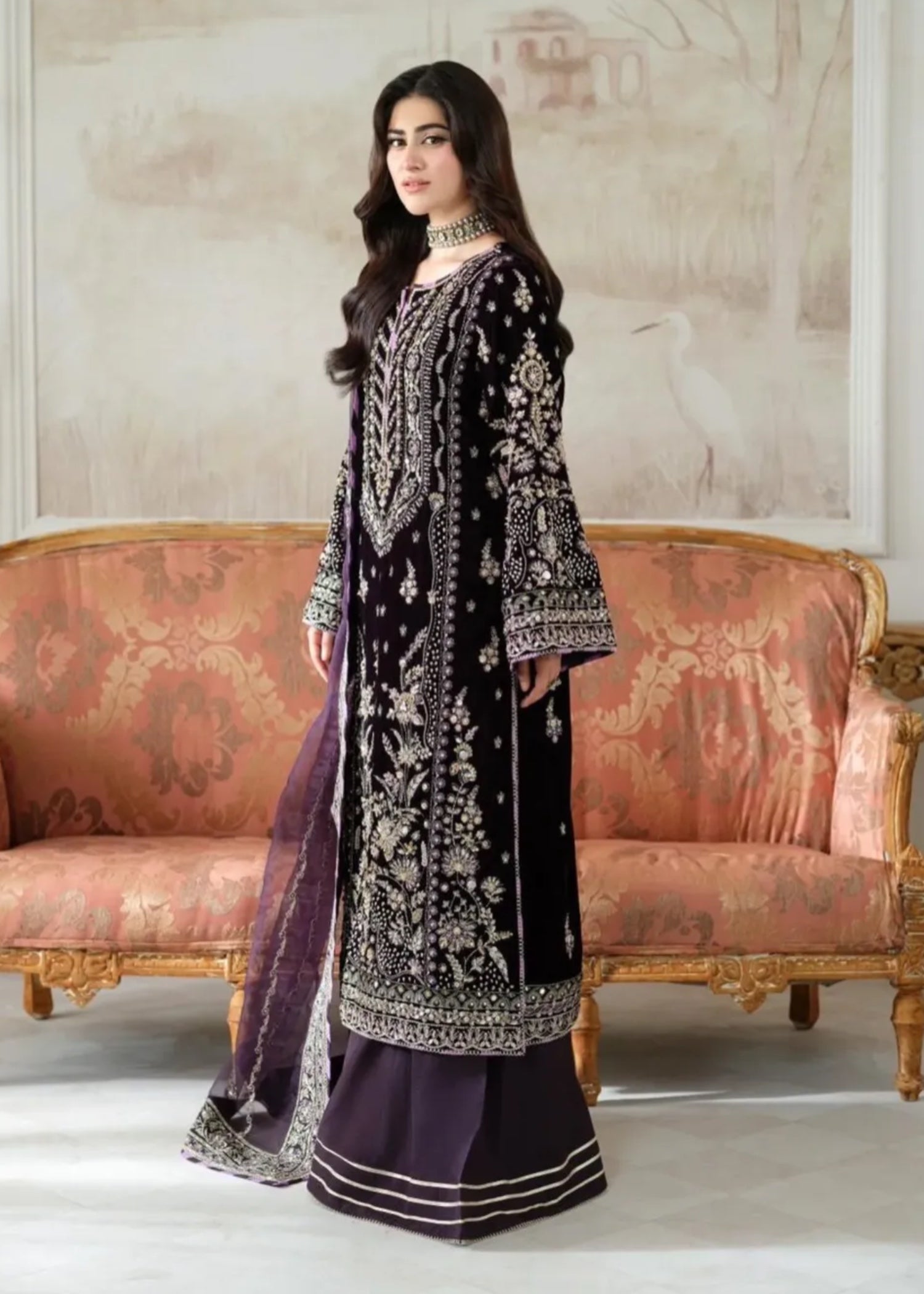 velvet Kurta Set in Plum purple