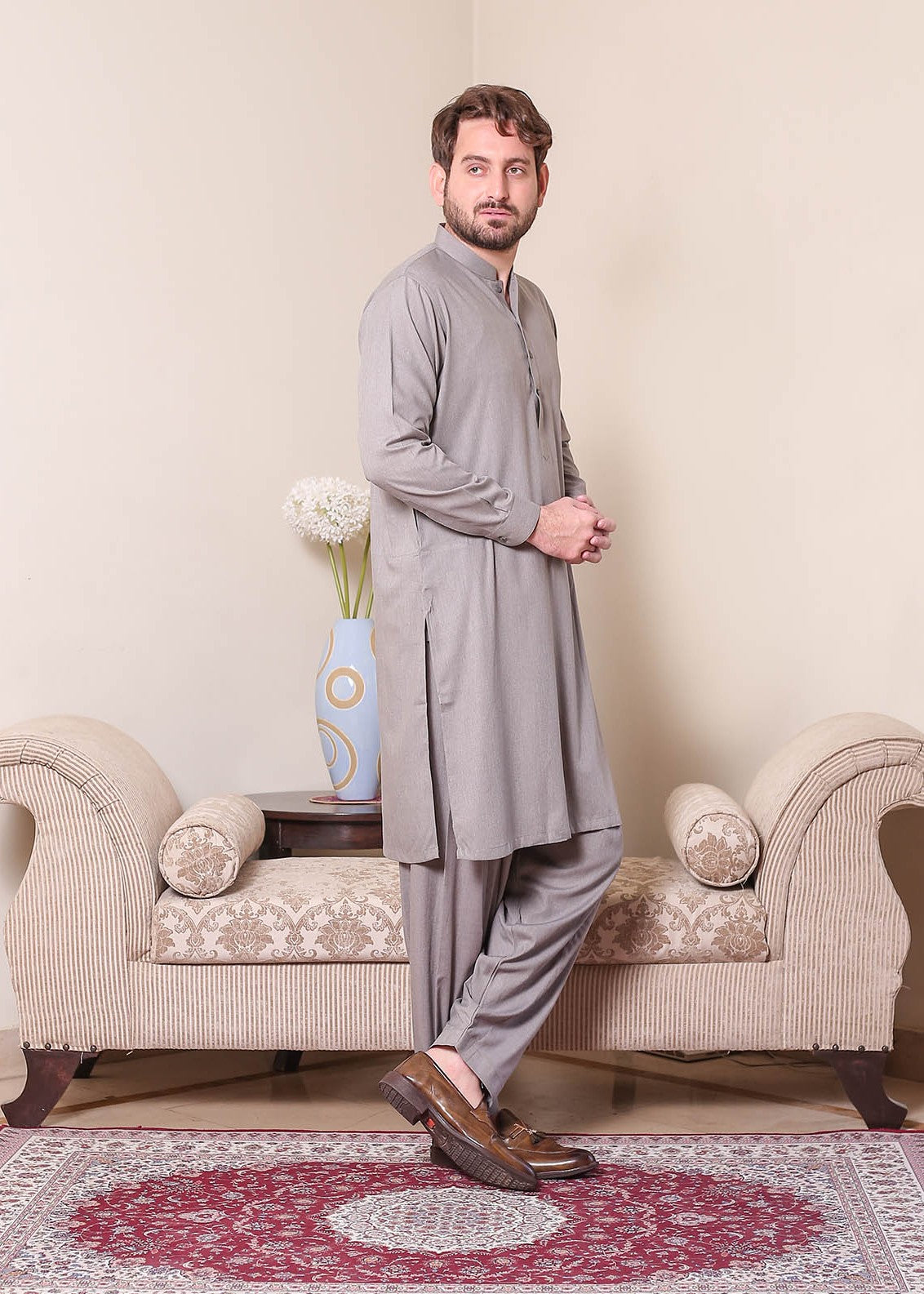 textured wash & wear Shalwar Kameez in Grey