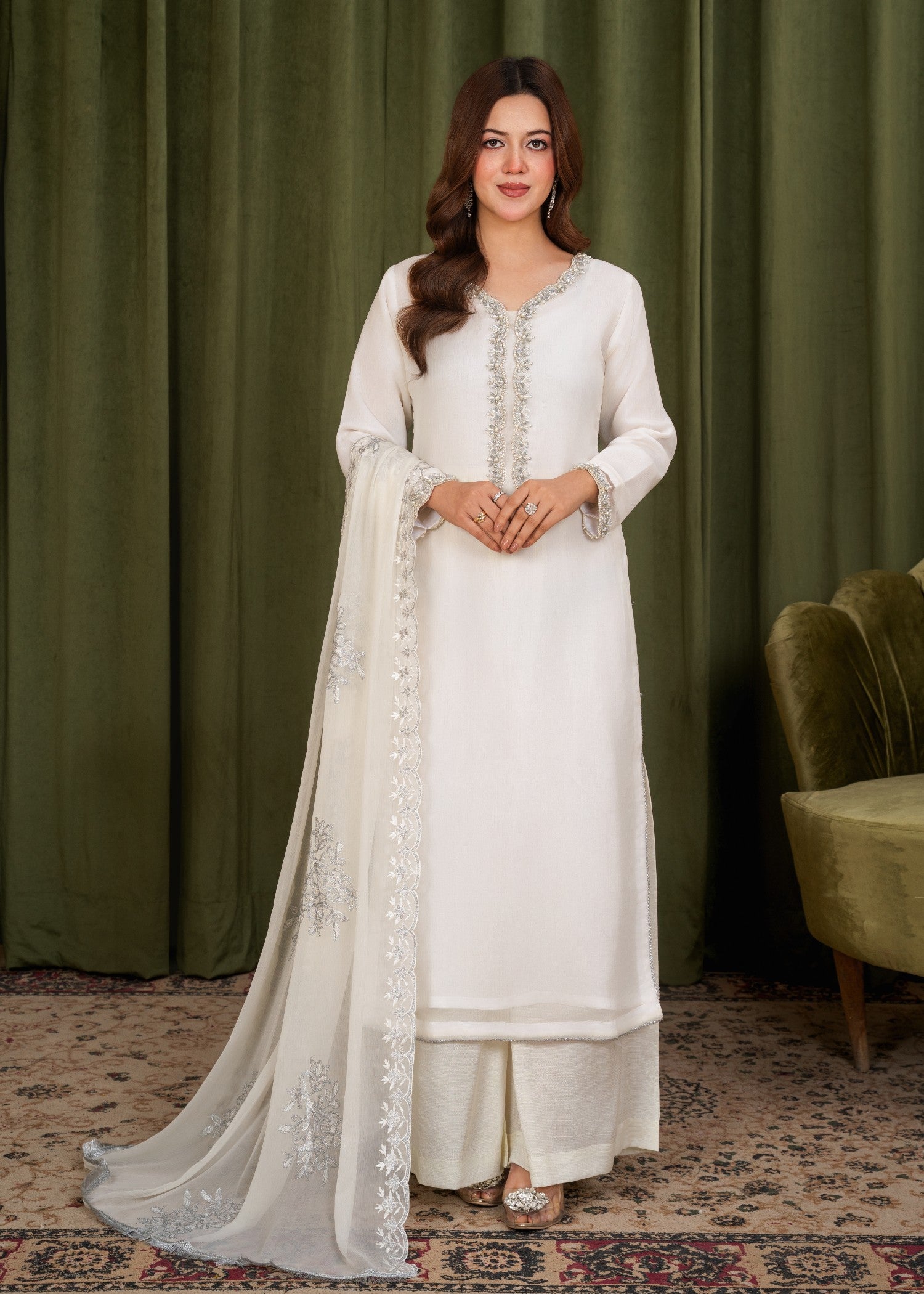 pk crinkle chiffon Kurta Set in Milk
