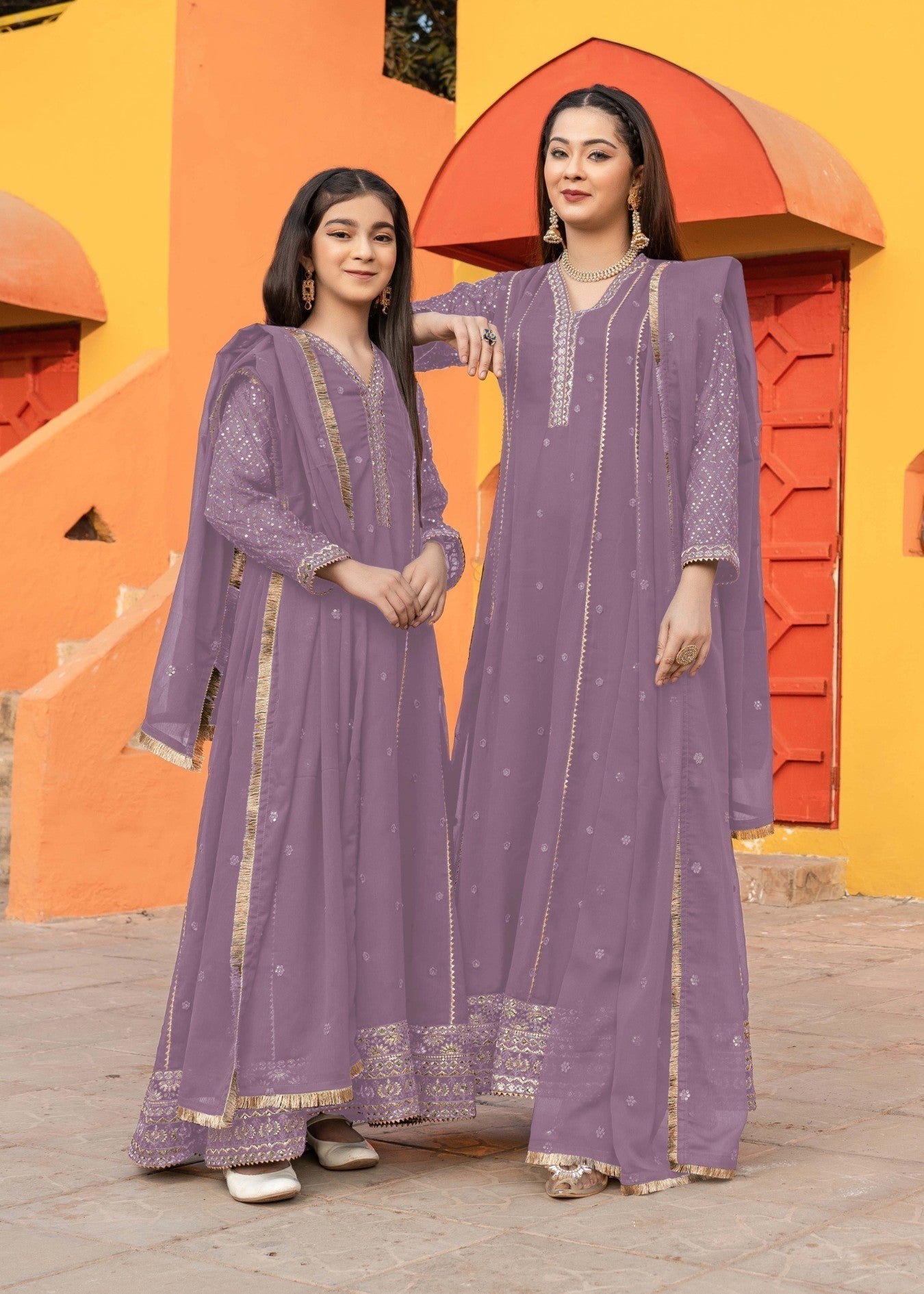 chiffon Pishwas in Lilac