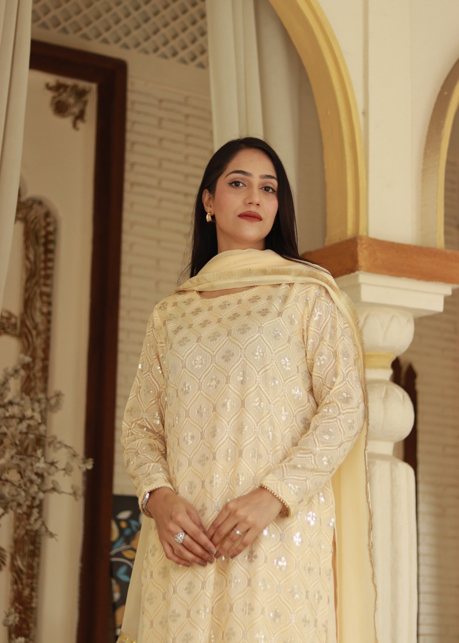 bemberg crinkle chiffon Kurta Set in Lemon chiffon