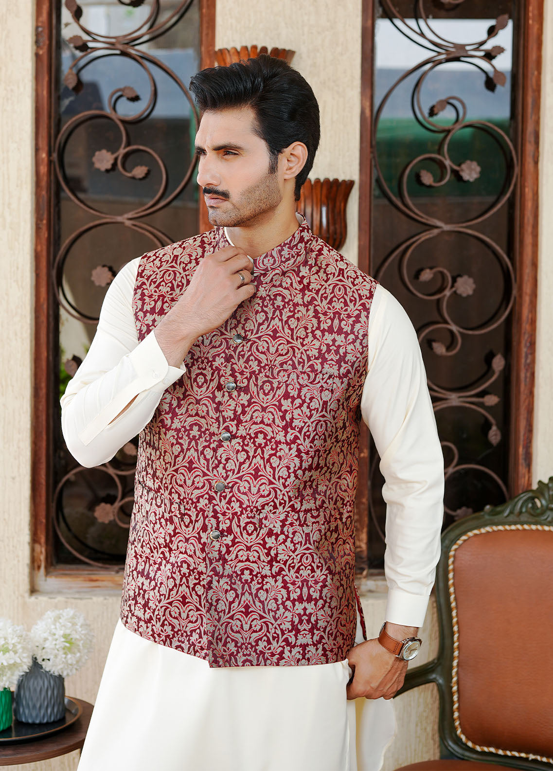 traditional jamawar Waistcoat in Cardinal red