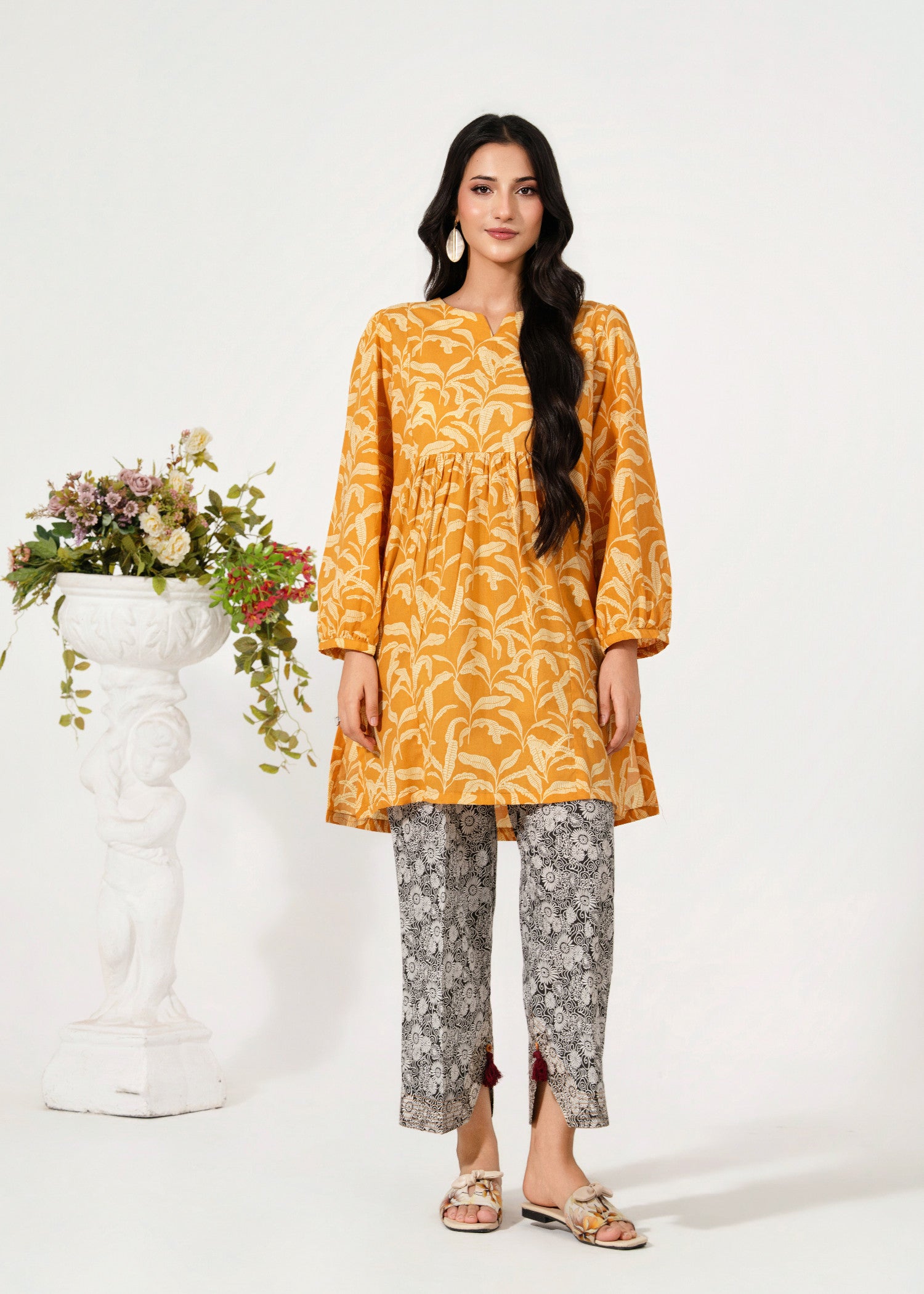 lawn Kurta Set in Black, mustard
