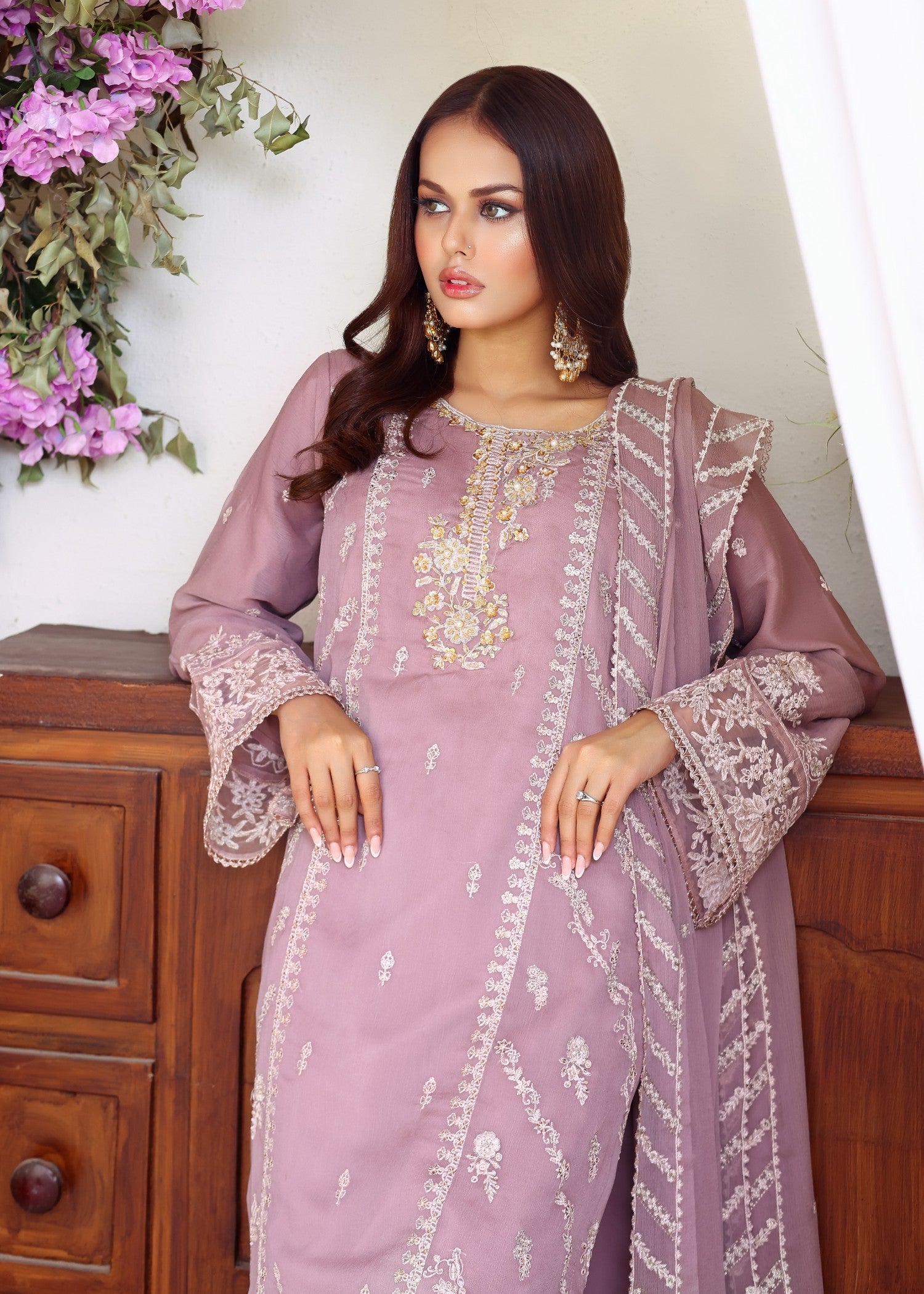 bemberg crinkle chiffon Kurta Set in Lilac