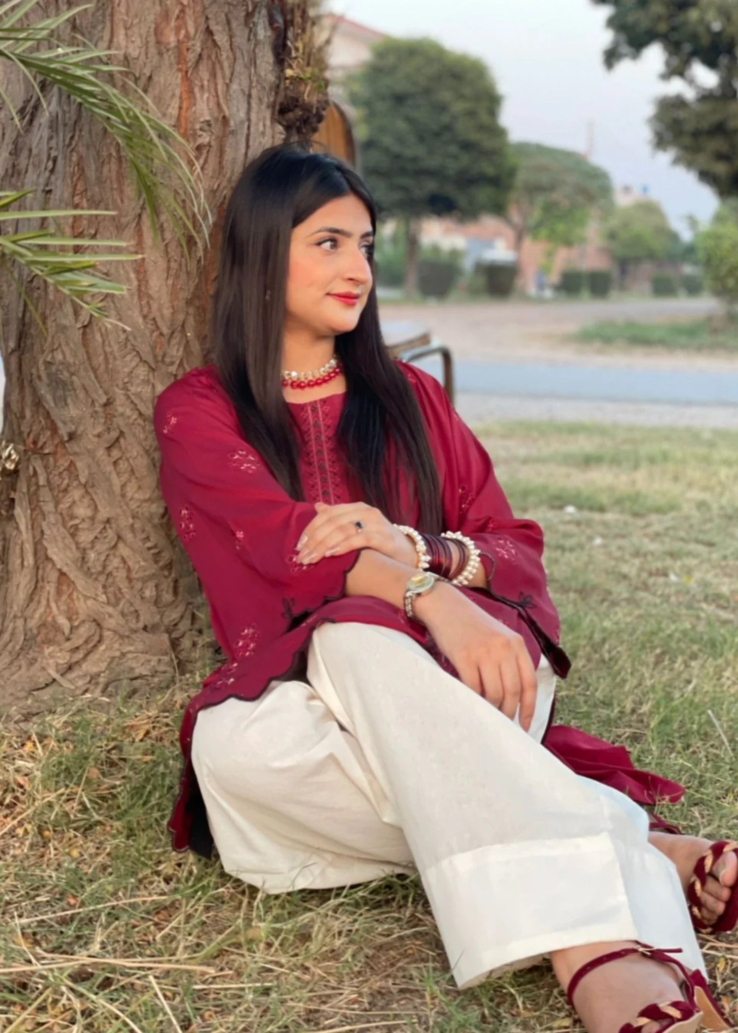 raw silk Kurta Set in Blood red, cream